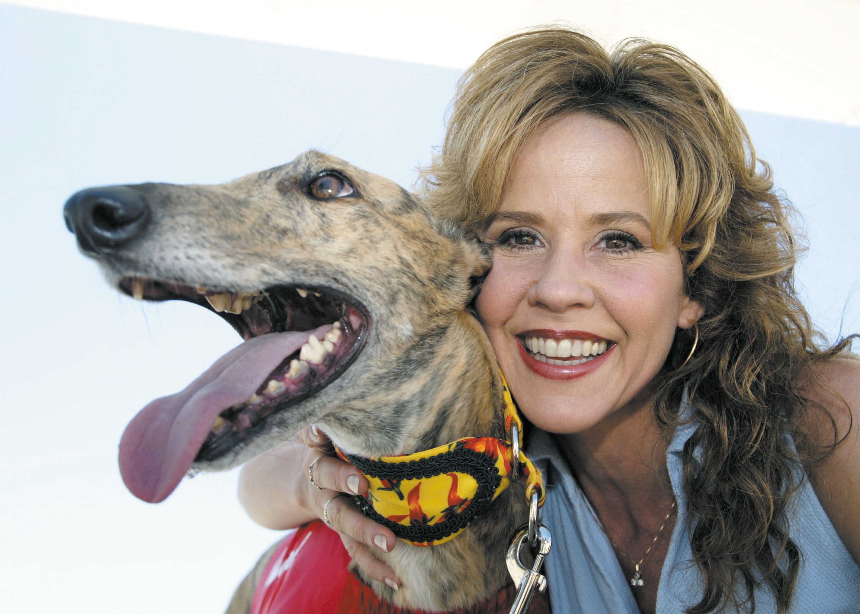 Actress Linda Blair with rescued greyhound Greta