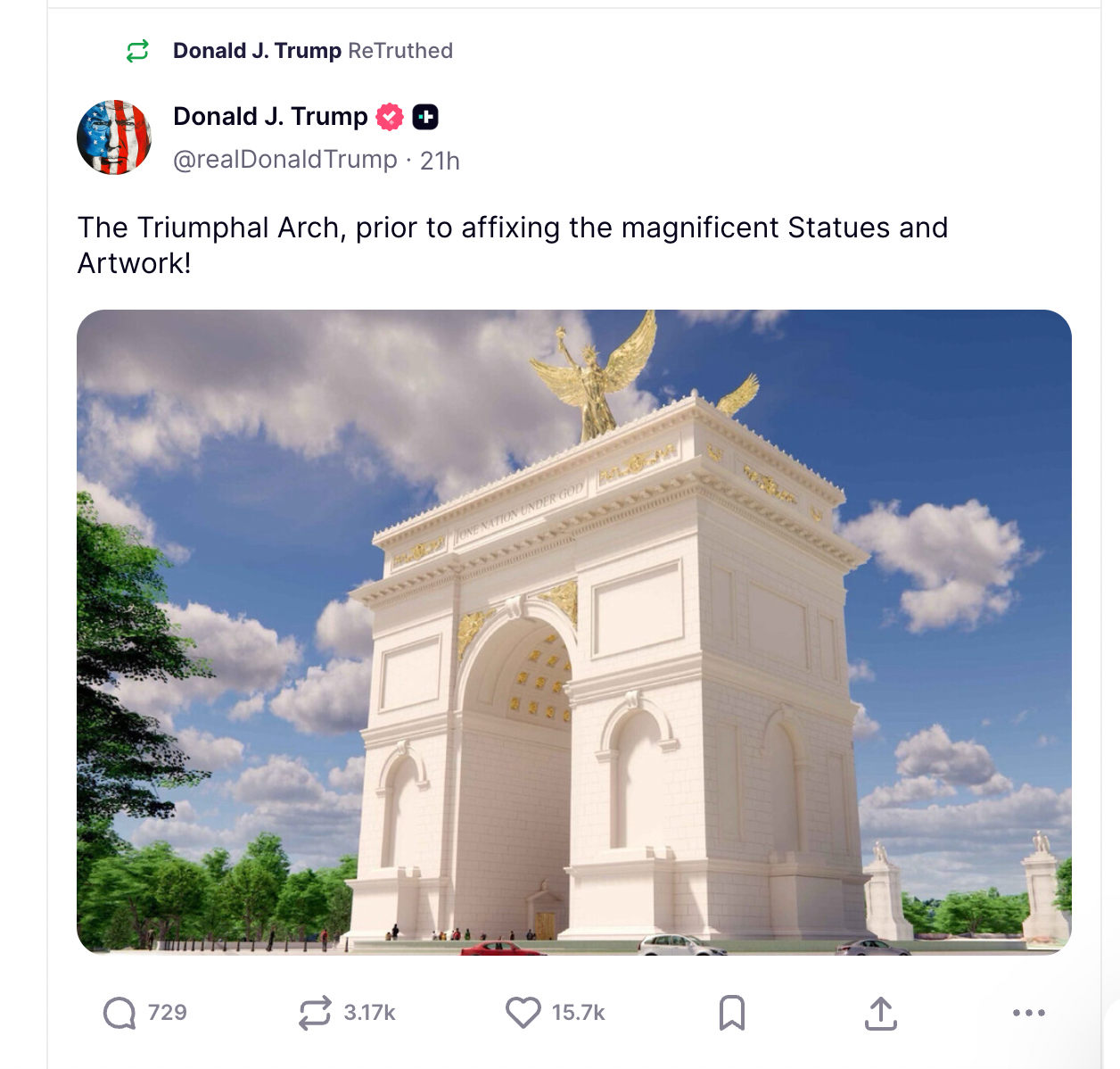 Trump posted a design of the triumphal arch he wants to build in Washington, D.C.