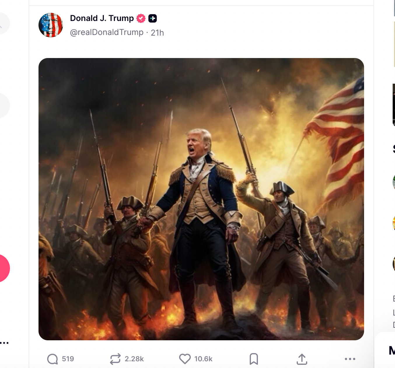 An AI image shared by the president depicting him as the dynamic leader of Revolutionary War troops