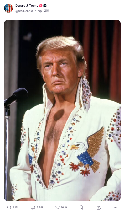 President Donald Trump posted an AI-generated image that made him appear as Elvis Presley over the weekend.