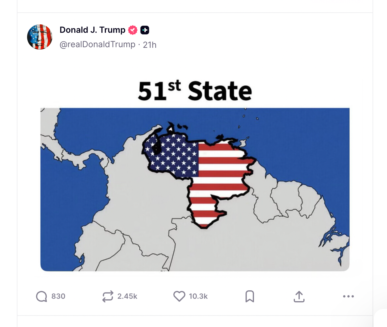 Venezuela is portrayed as the 51st state of the U.S.A.
