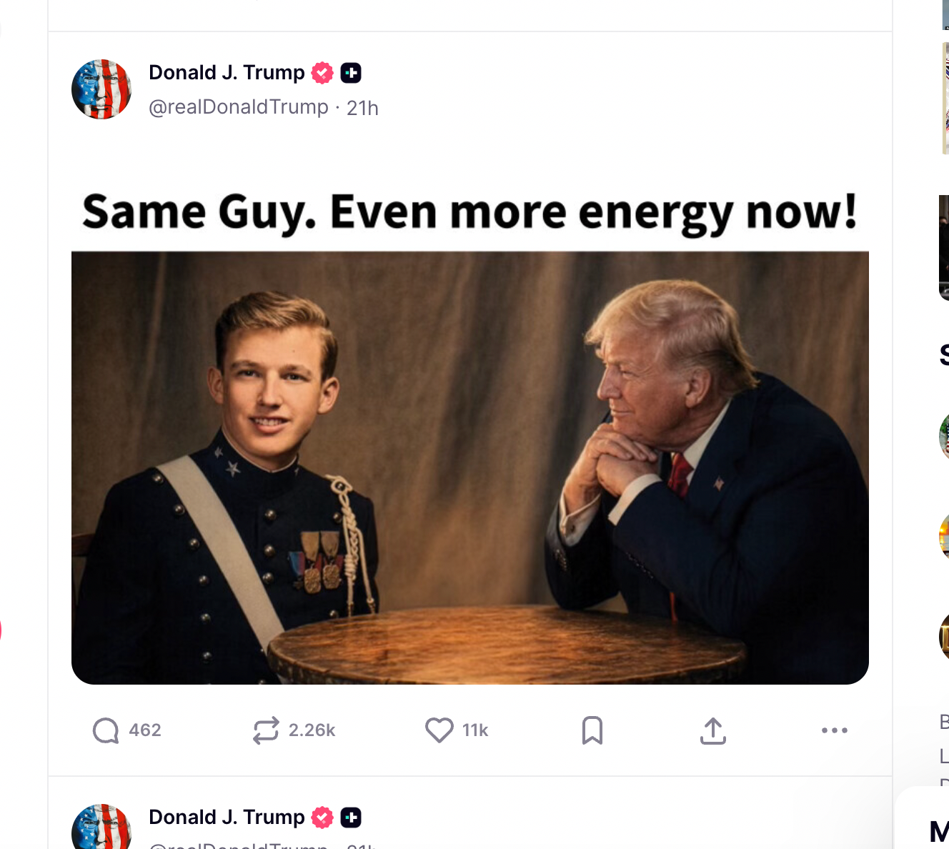 Among Trump’s flood of weekend posts was one showing him gazing at a younger version of himself under the caption ‘Same Guy. Even more energy now!’