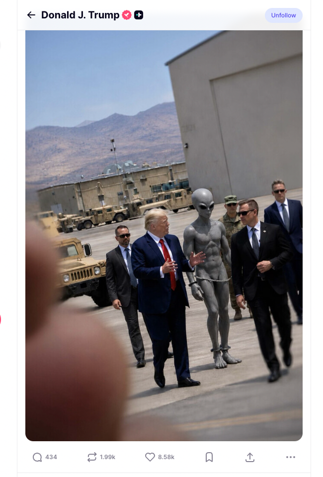 President Donald Trump shared a picture appearing to show himself assisting in the arrest of an alien