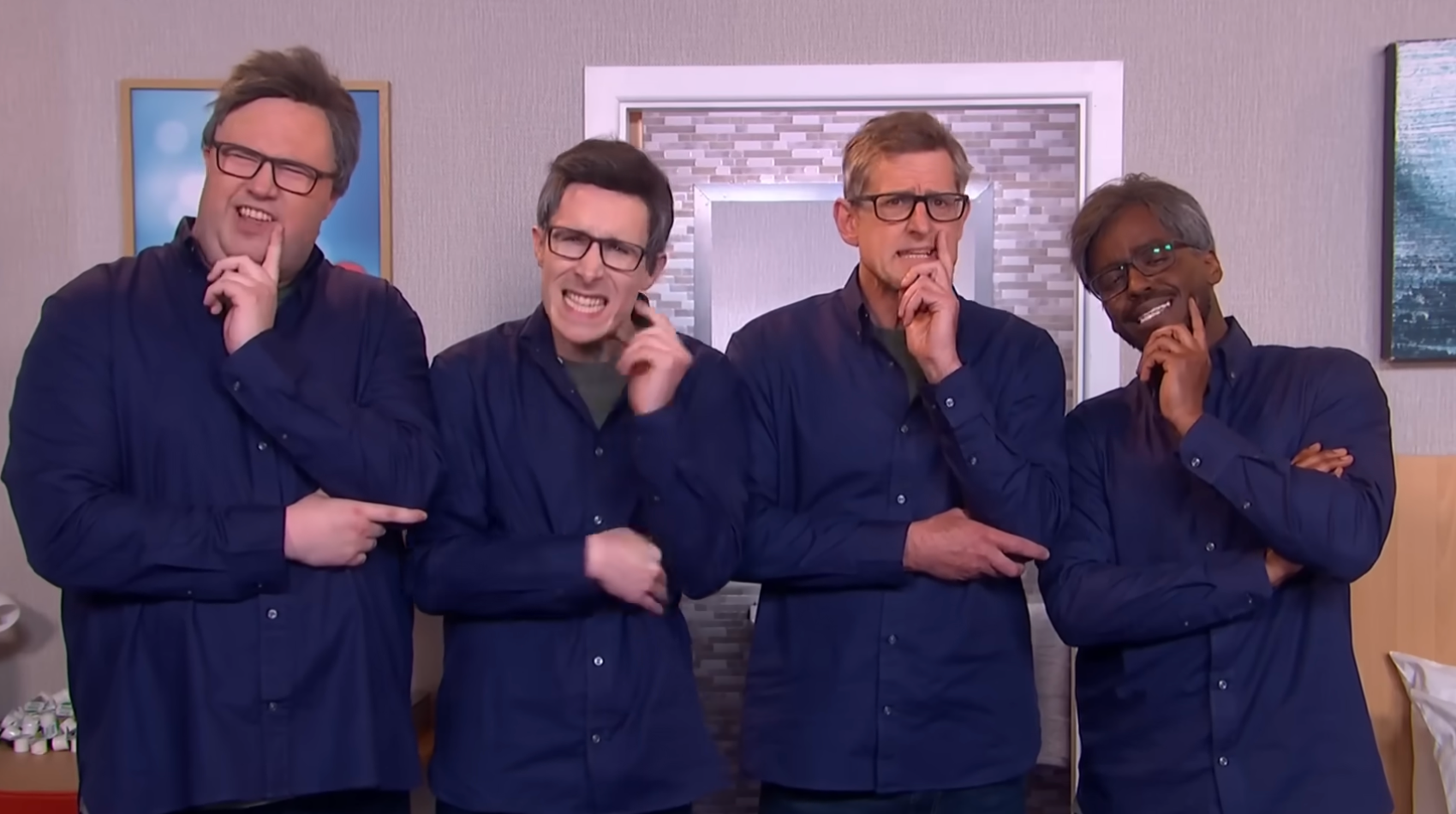 'Shall we get started?' Al Nash, Larry Dean and Ncuti Gatwa standing alongside the real Louis Theroux (Sky)