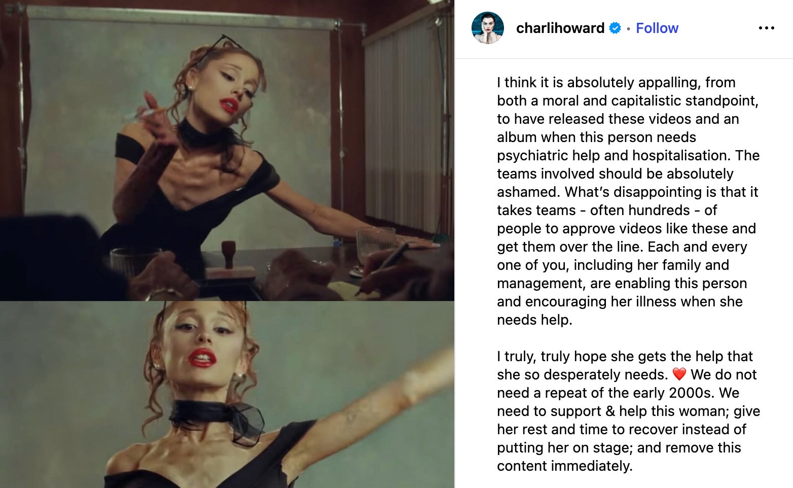 Author Charli Howard wrote a lengthy Instagram post condemning the pop star’s latest pop video ‘Petal’