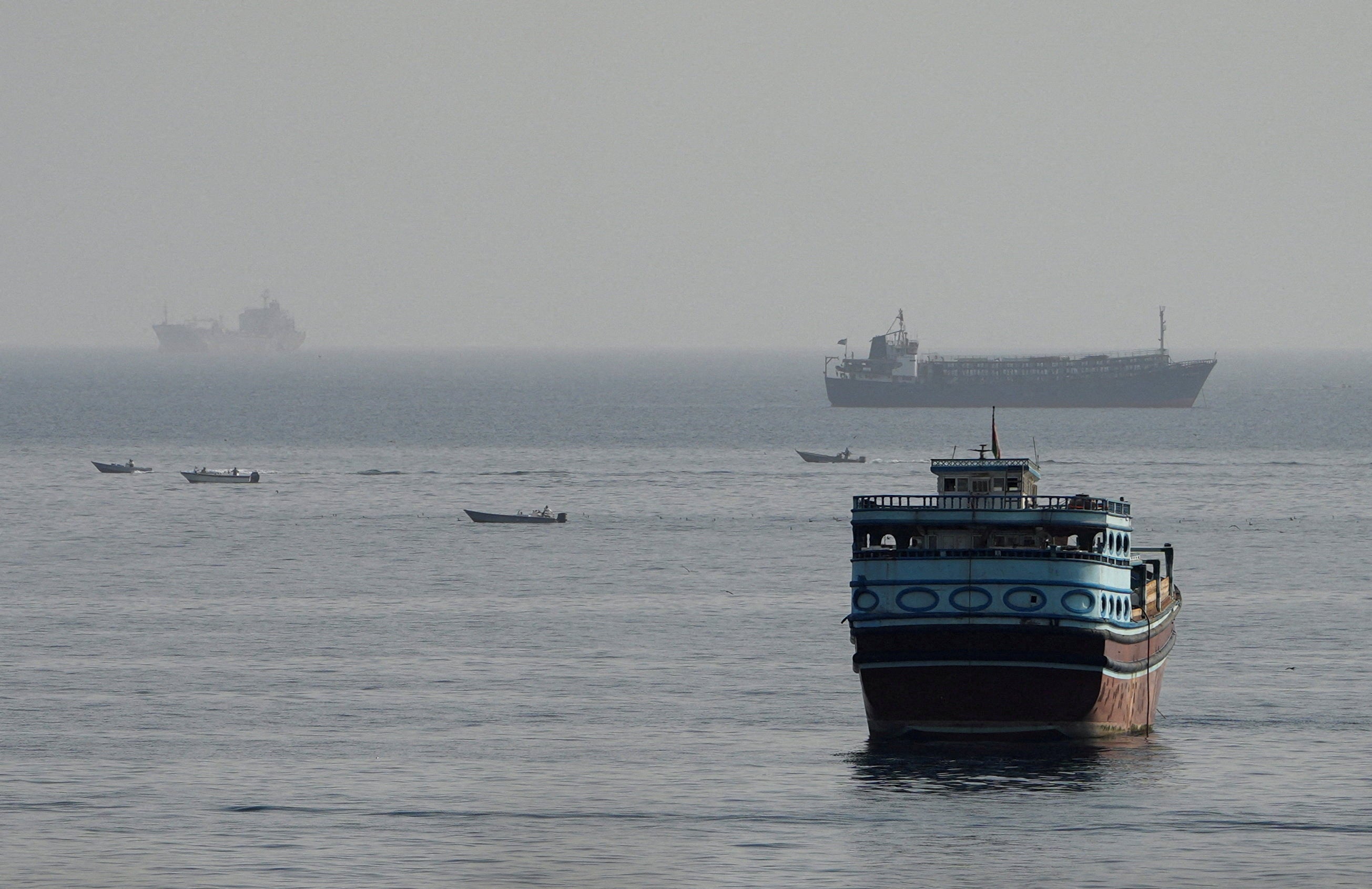 Vessels in the Strait of Hormuz, as seen from Musandam, Oman, August 3, 2026 (Reuters)
