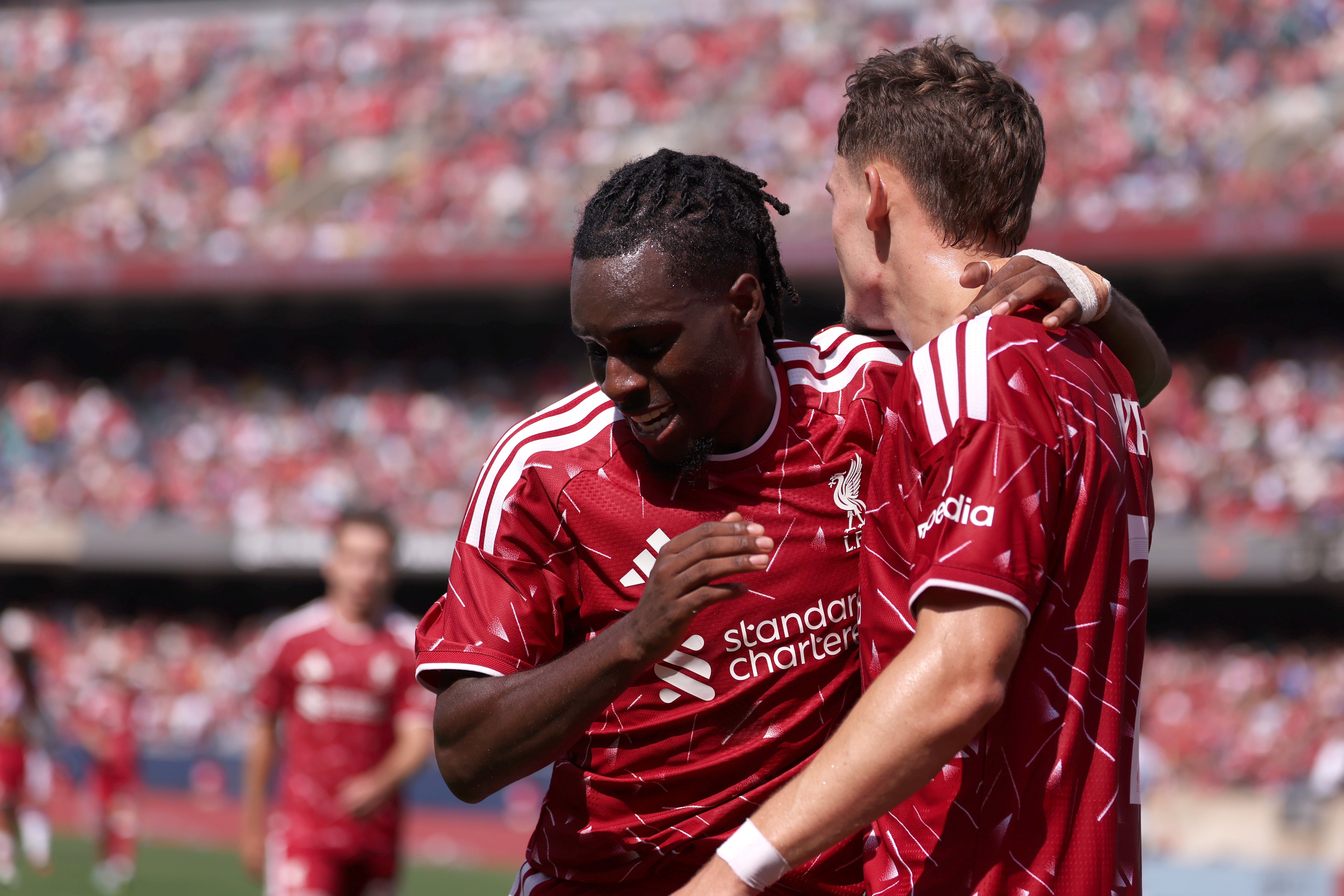Jeremie Frimpong (left) came off late into Liverpool’s pre-season defeat to Leeds