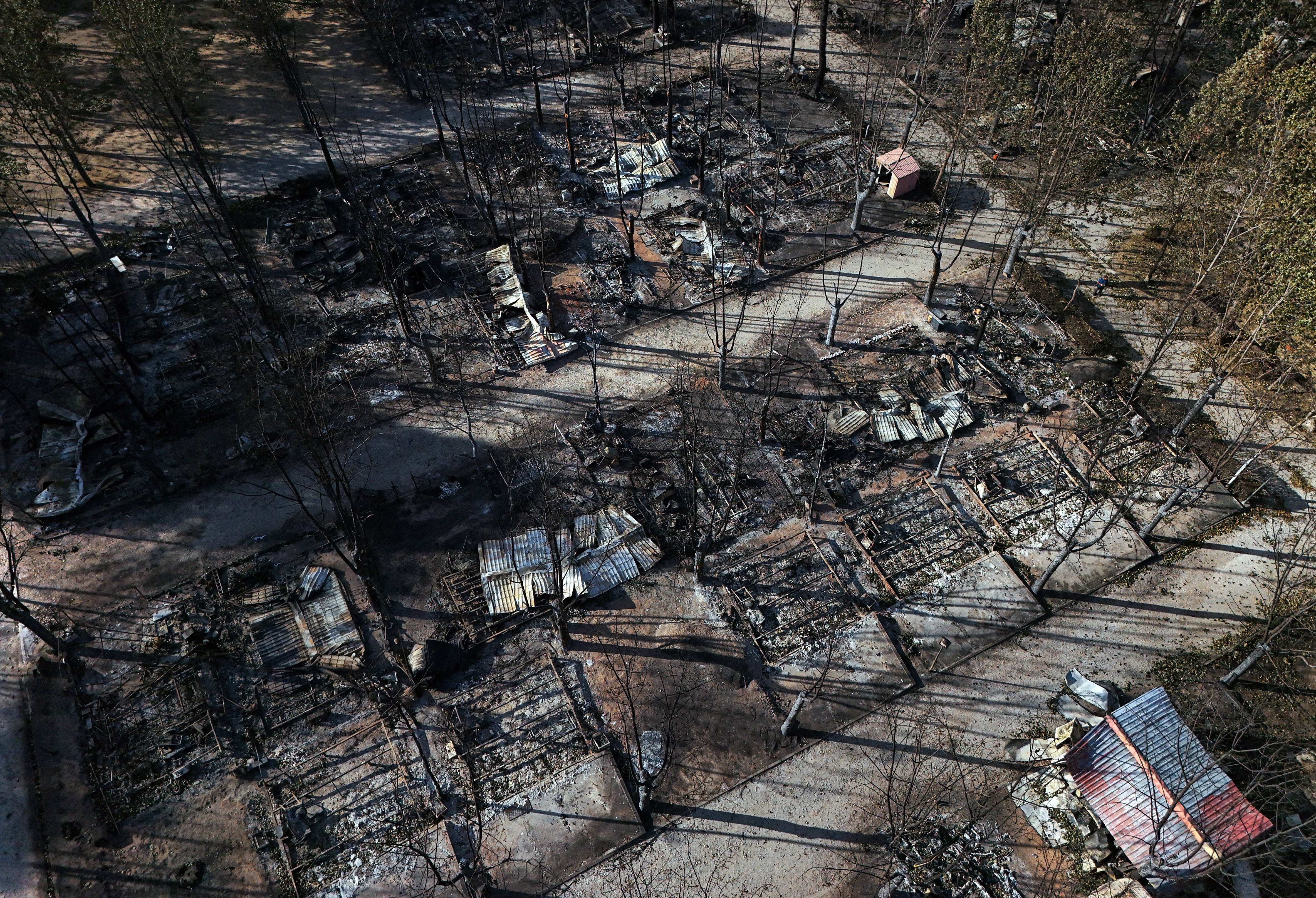 Aerial view of burnt pitches at the Valle de Iruelas camping, near El Tiemblo, in Avila province, Spain on July 30