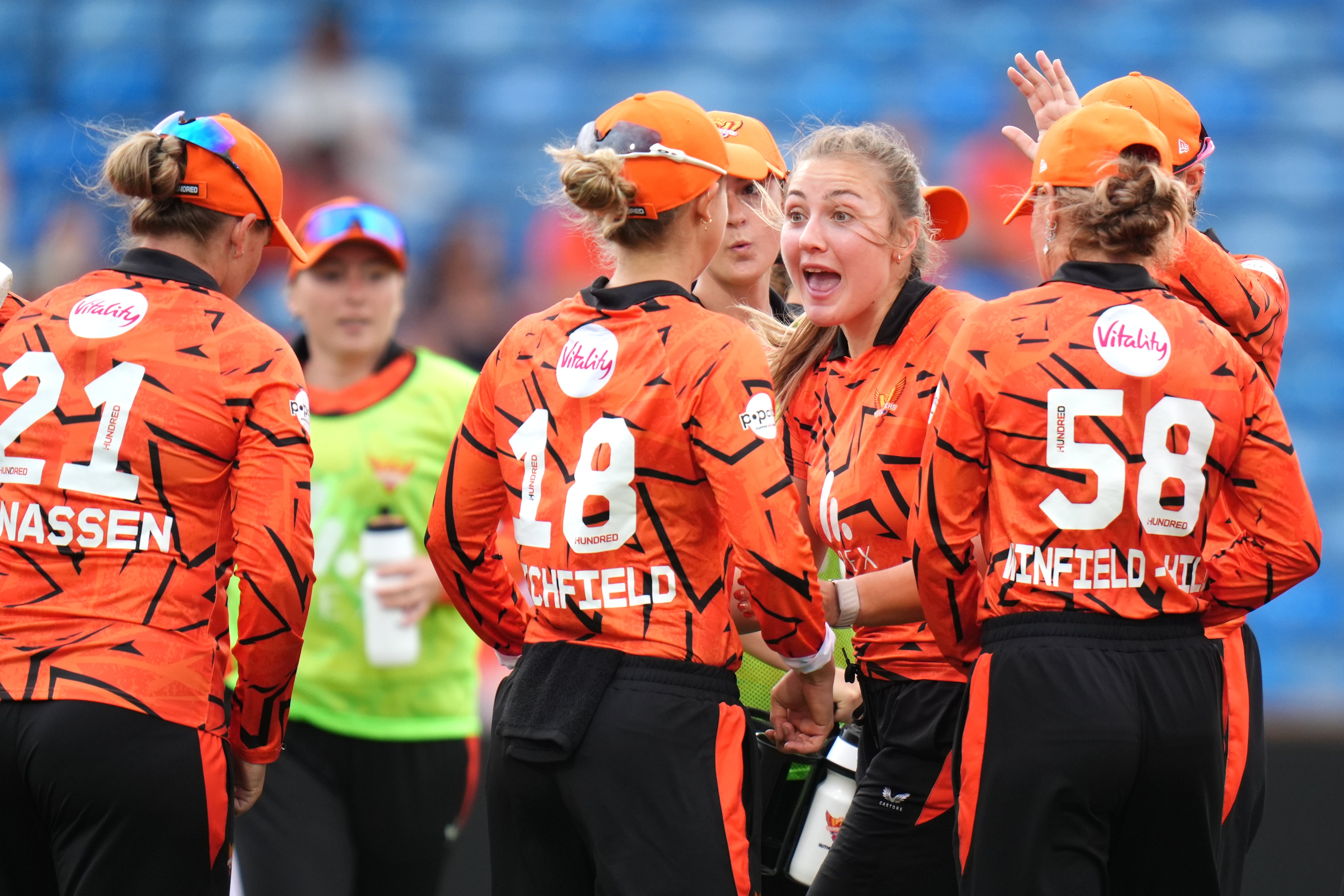 Sunrisers Leeds players celebrate a wicket (Annabel Lee-Ellis/PA)
