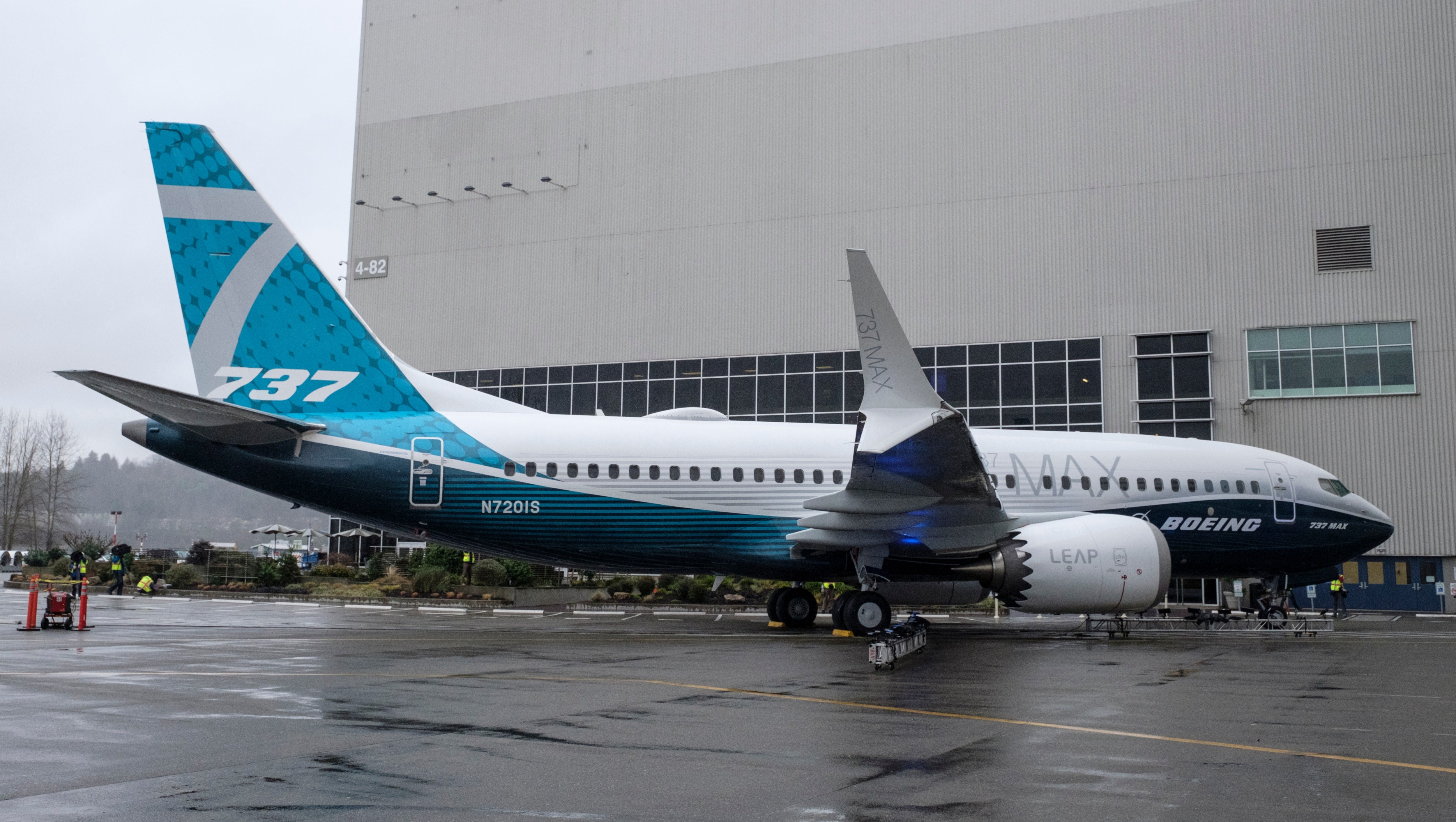 The first Boeing 737 MAX 7 aircraft sits on the tarmac outside of the Boeing factory on February 5, 2018 in Renton, Washington