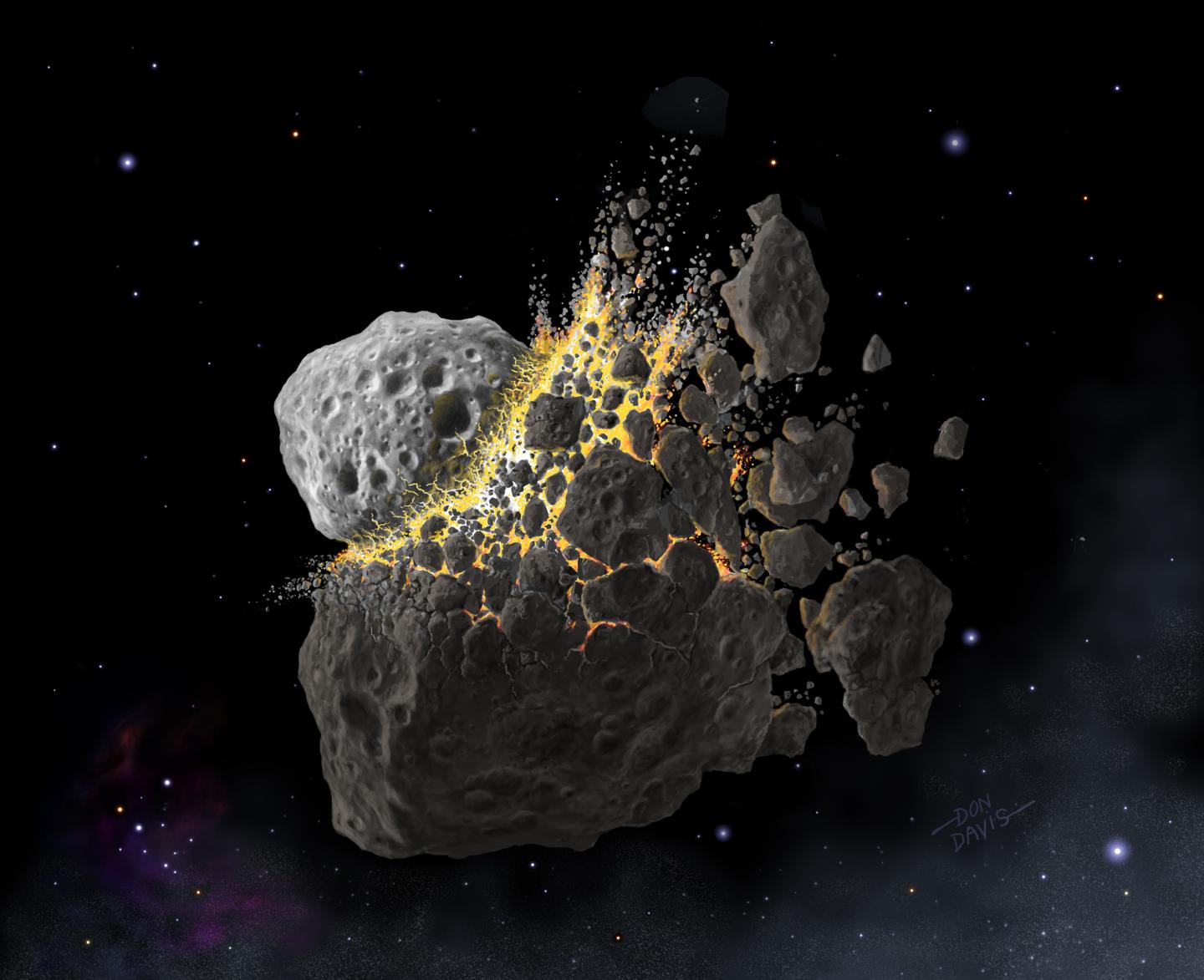 Illustration of a giant asteroid collision in outer space