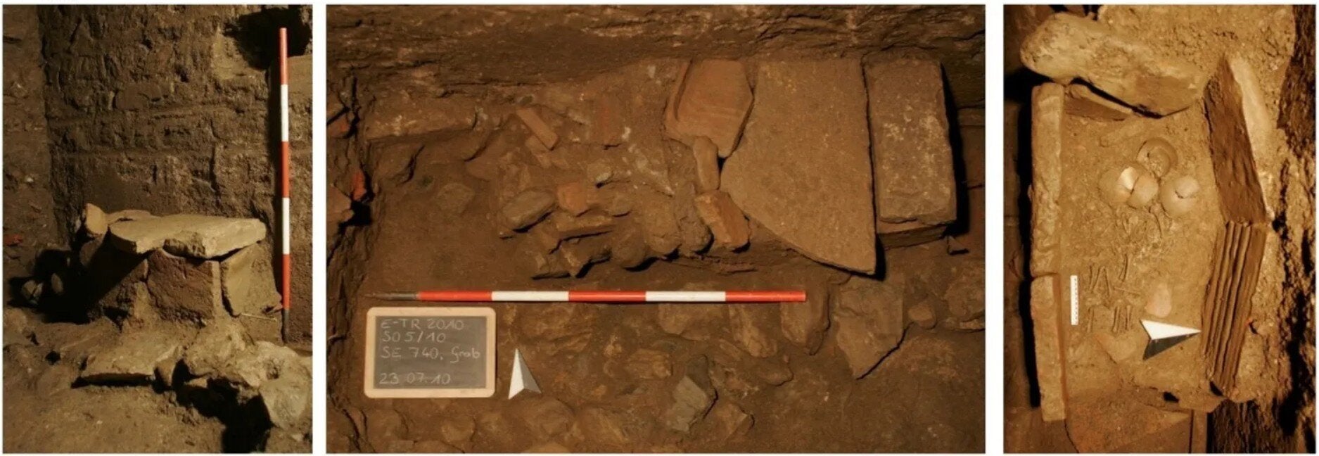 Grave before opening, left and centre, and after opening