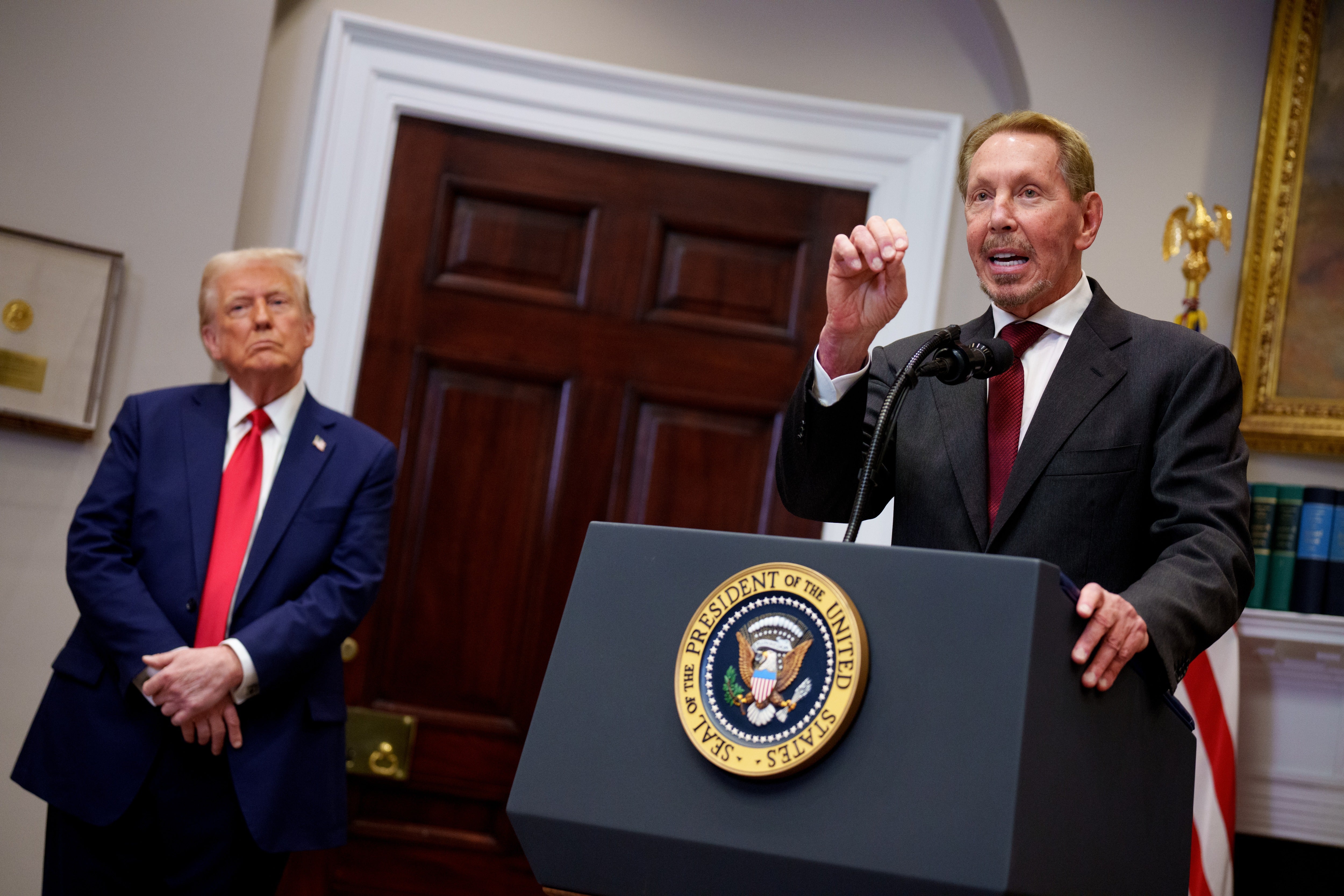 David Ellison is the son of billionaire Larry Ellison (pictured with Trump in January 2025), the founder of software company Oracle.
