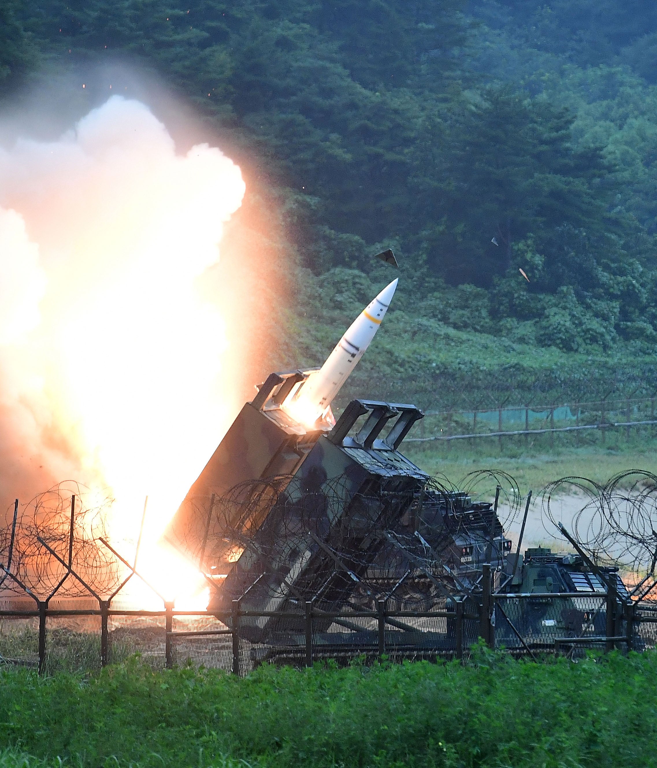 A U.S. Army Tactical Missile System (ATACMS) firing a missile into the East Sea during a South Korea-U.S. joint missile drill.