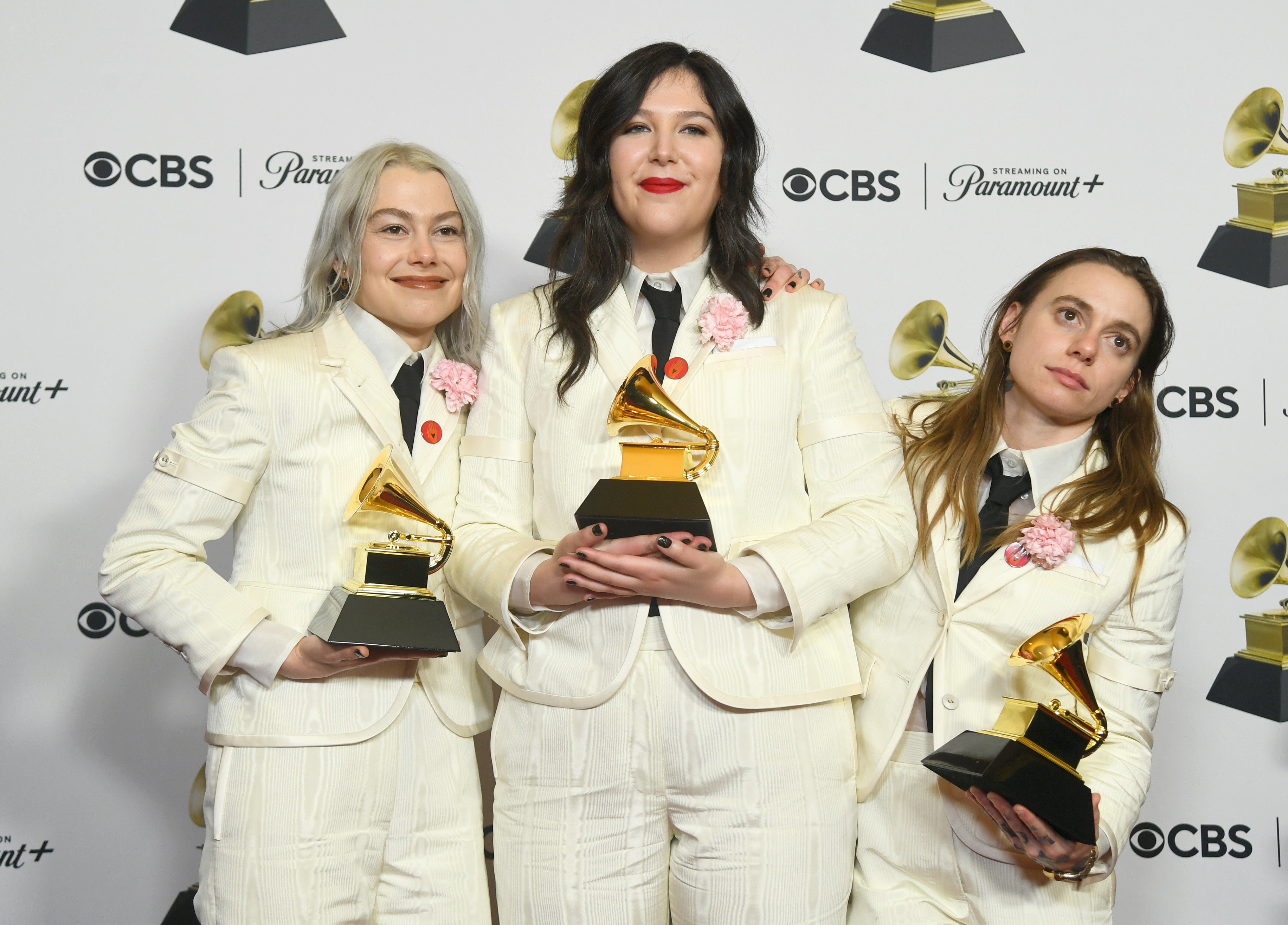 Bridgers with Boygenius bandmates Lucy Dacus and Julien Baker at the 2024 Grammy Awards (Getty)