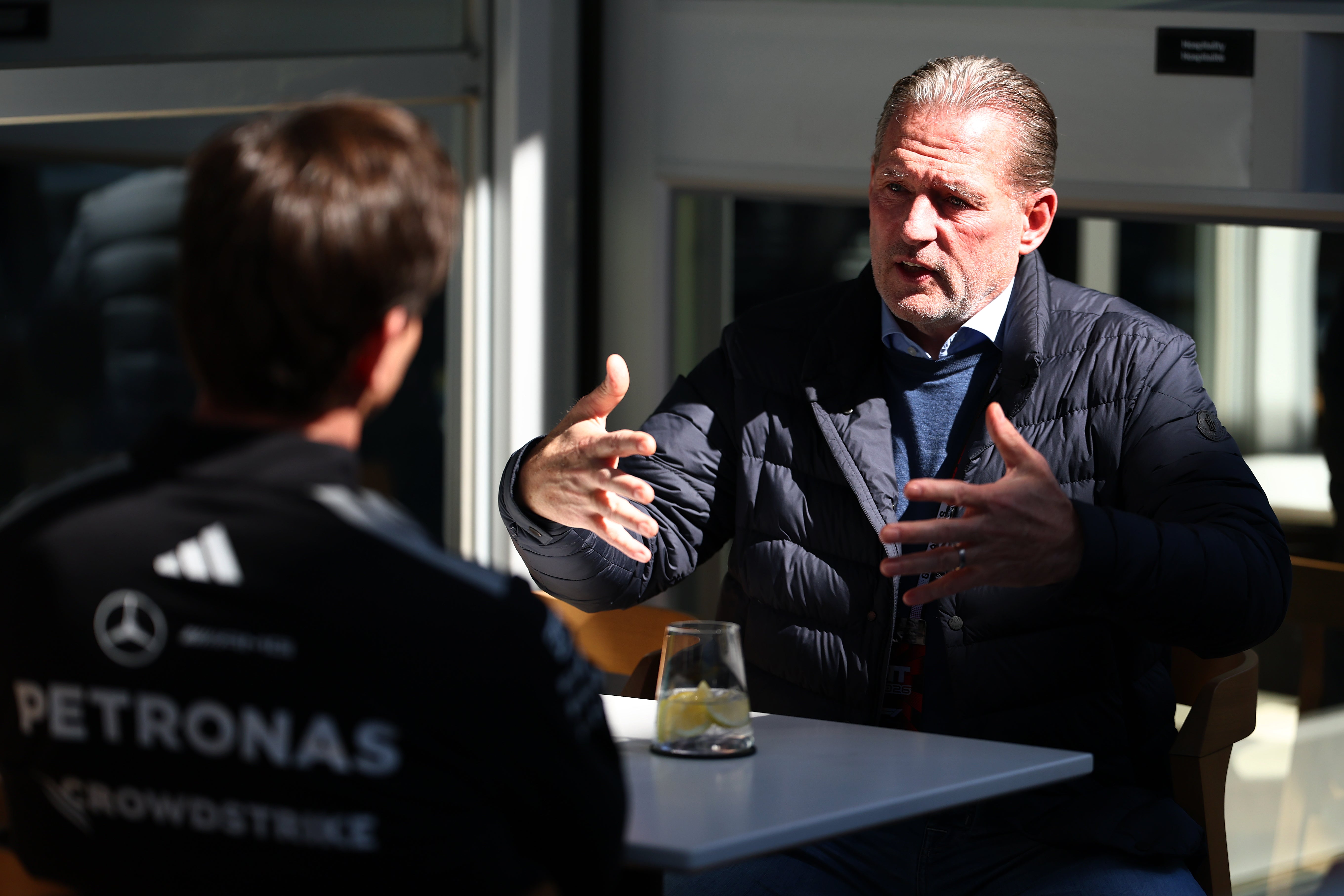 Toto Wolff in conversation with Max Verstappen's father, Jos, in Canada in May
