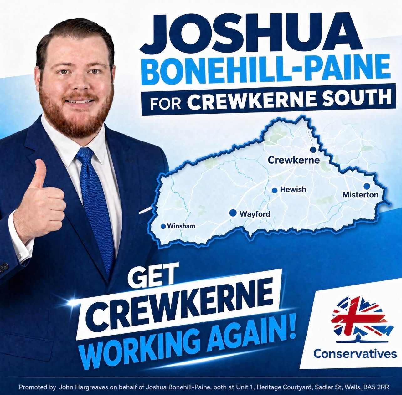 Joshua Bonehill-Paine has said he was “tremendously proud” to have been selected by the party to stand as a candidate for Crewkerne South in next year’s Somerset Council elections