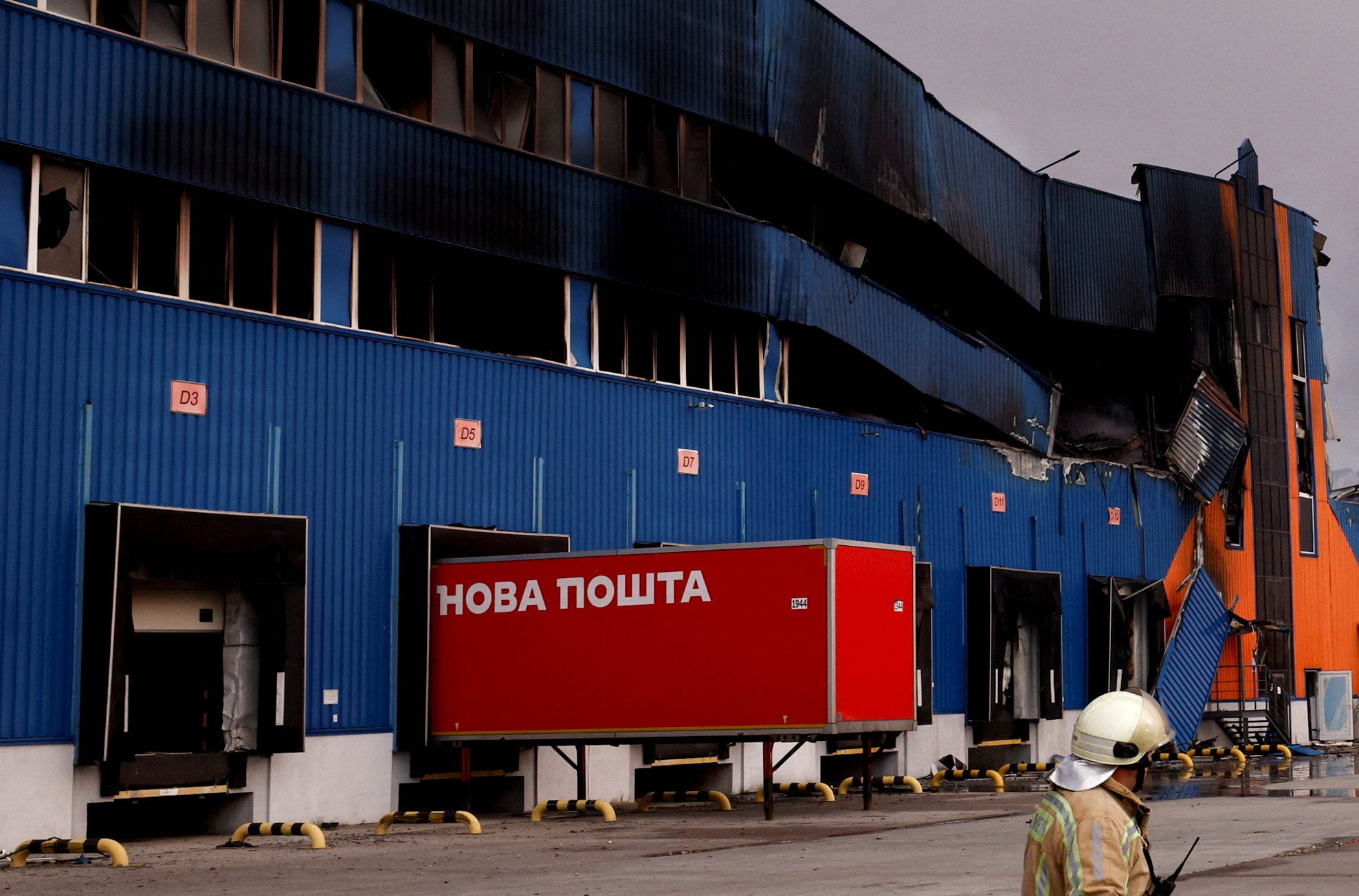 A damaged logistics hub of the Ukrainian online retailer, Rozetka, after it was struck during a night of Russian missile and drone attacks in the Kyiv region (Reuters)