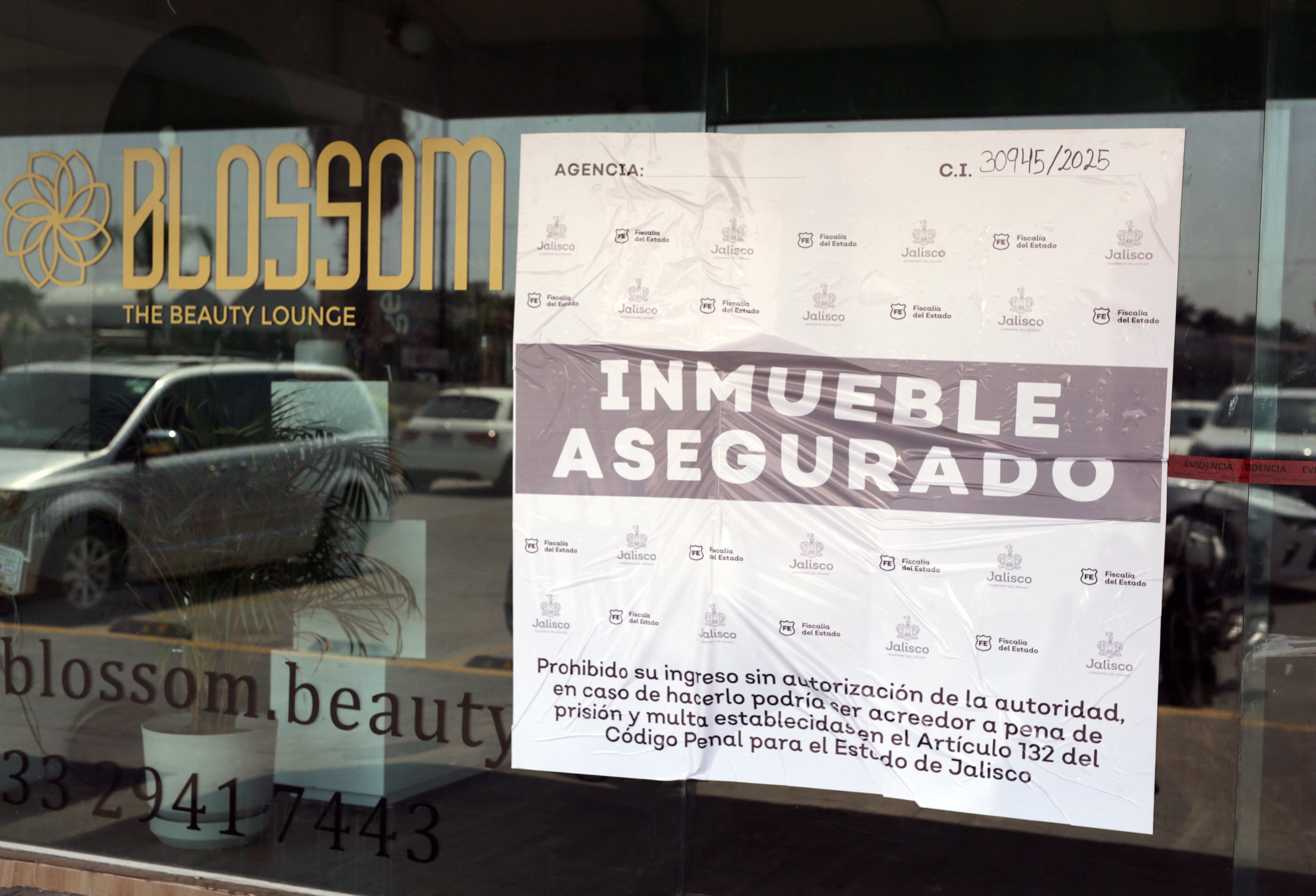 A sign from the Attorney General office is pictured at the beauty salon where influencer Valeria Marquez (23) was murdered, in Zapopan, Jalisco State, Mexico on May 15, 2025