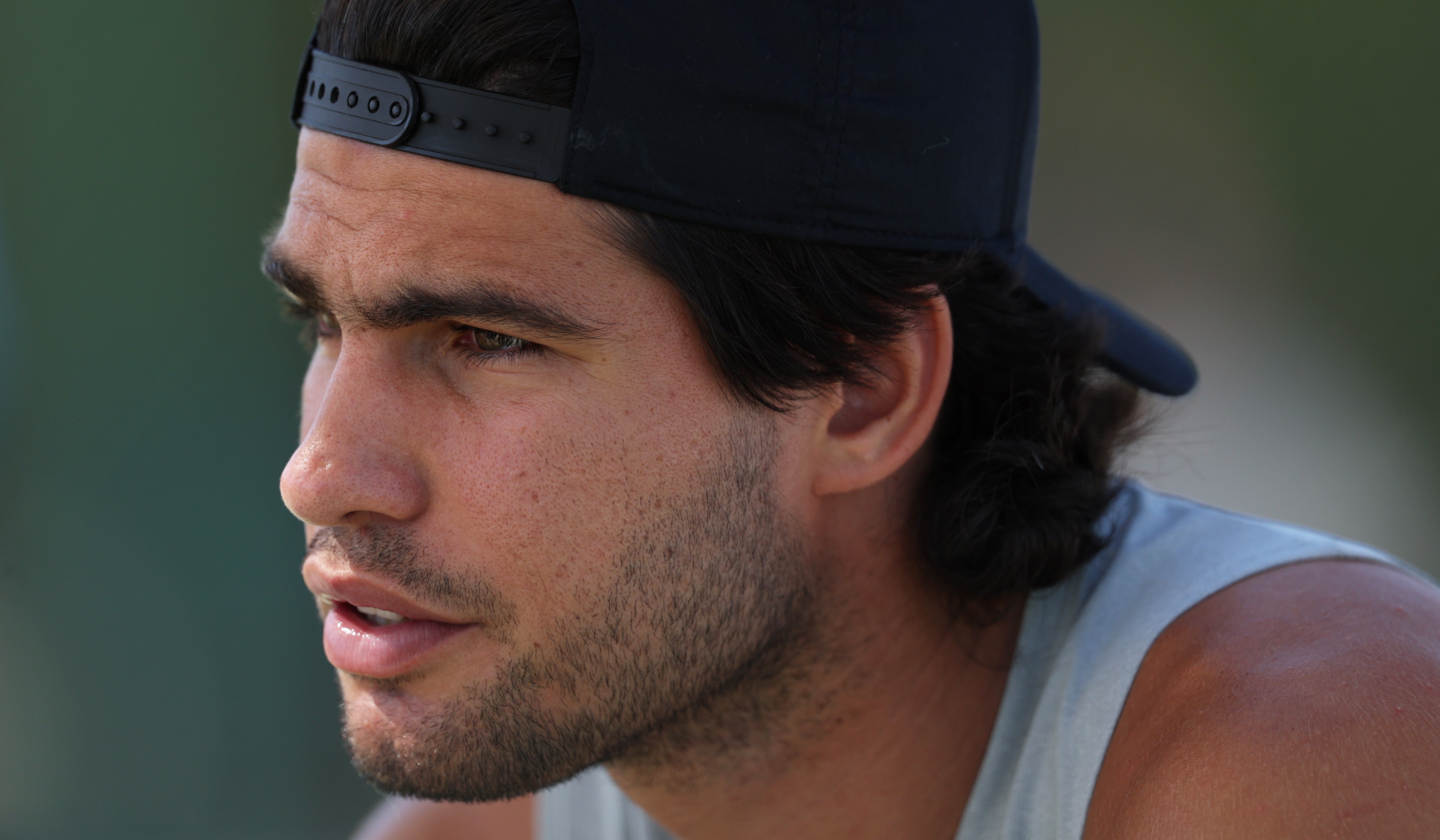 Carlos Alcaraz during a practice session as he continues his comeback from injury