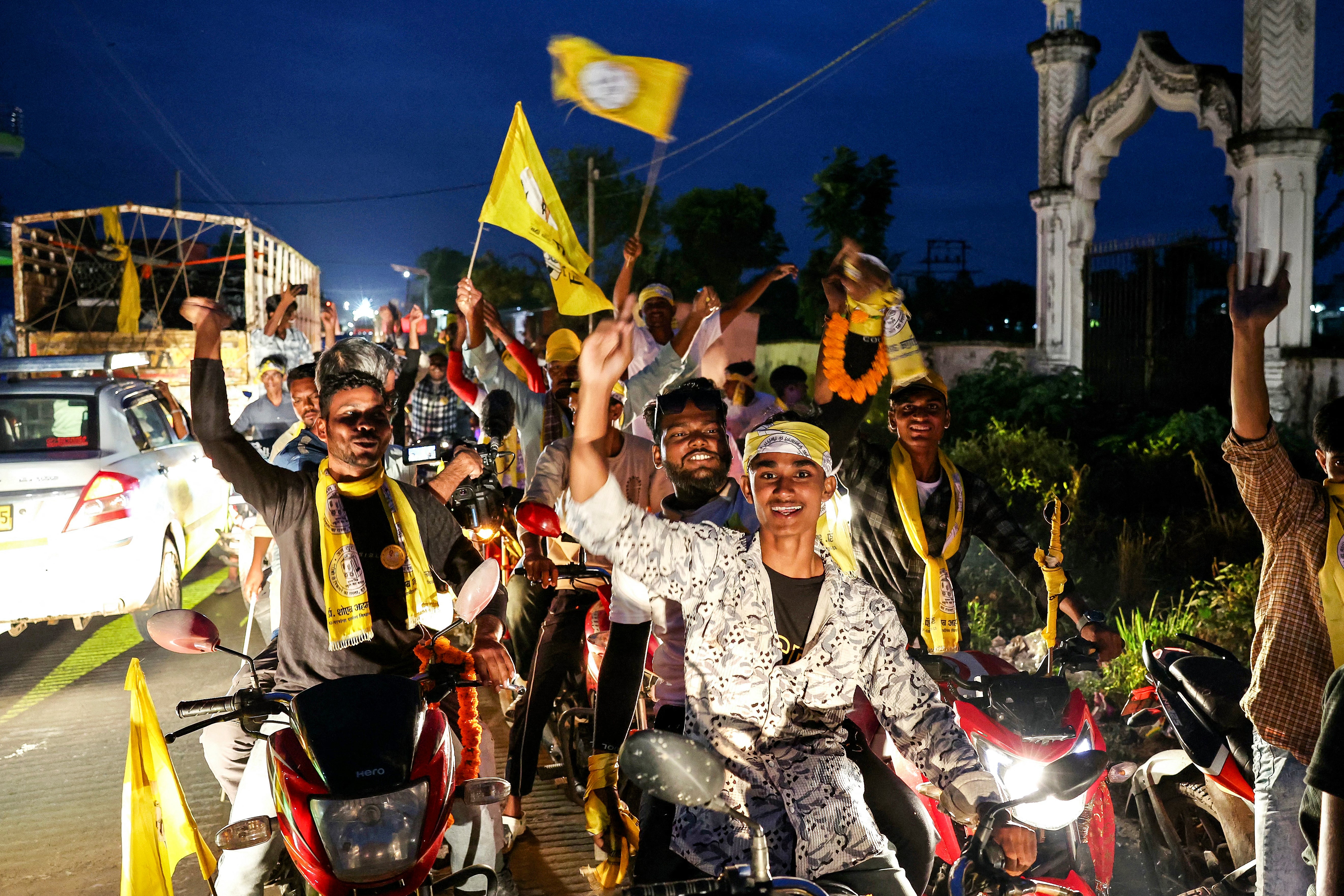 Supporters of Prashant Kishor, founder of Jan Suraaj party, during a roadshow at Darbhanga, Bihar