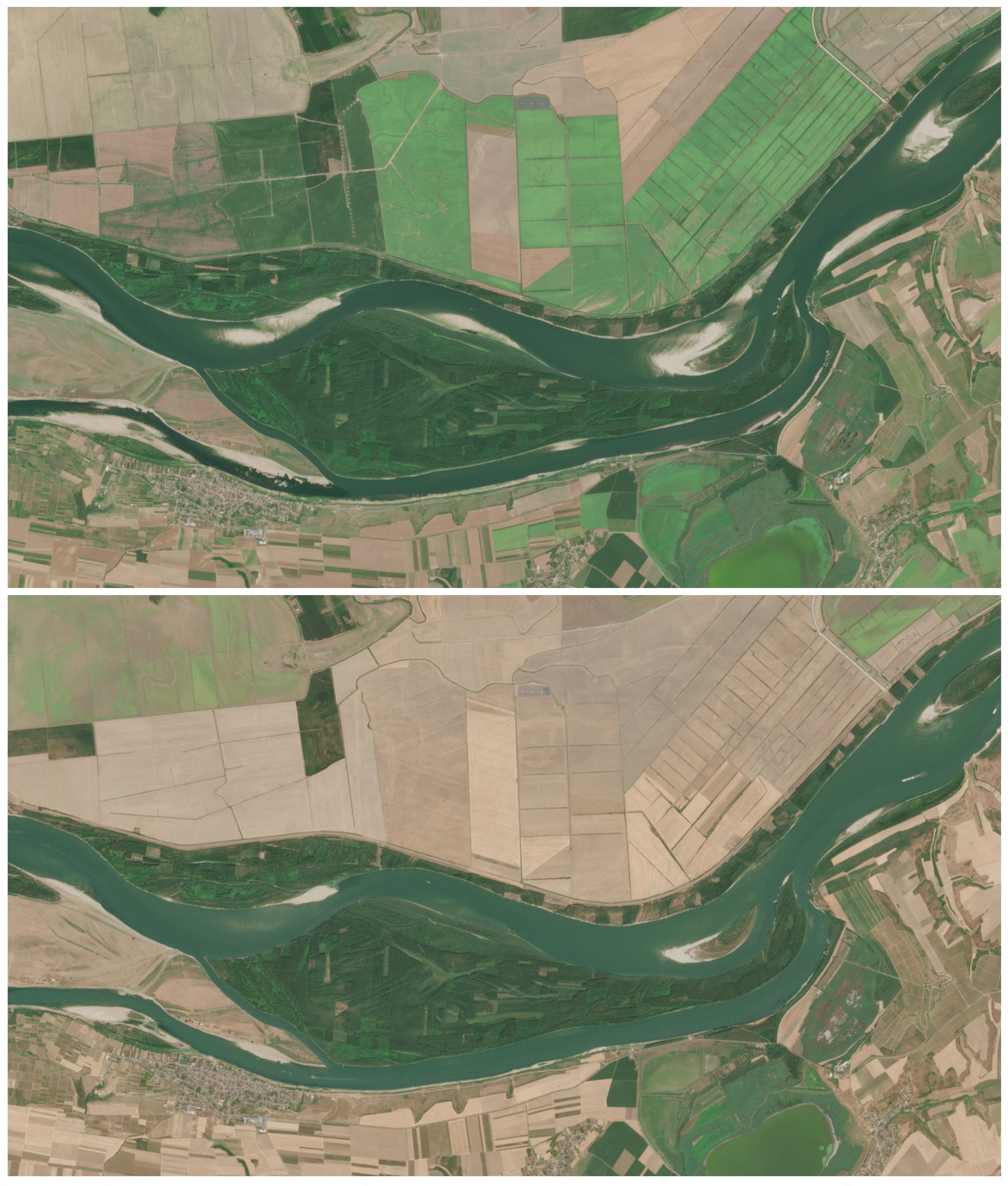 Satellite images show reduced water levels along the sandbanks of the Danube River at the Romanian-Bulgarian border