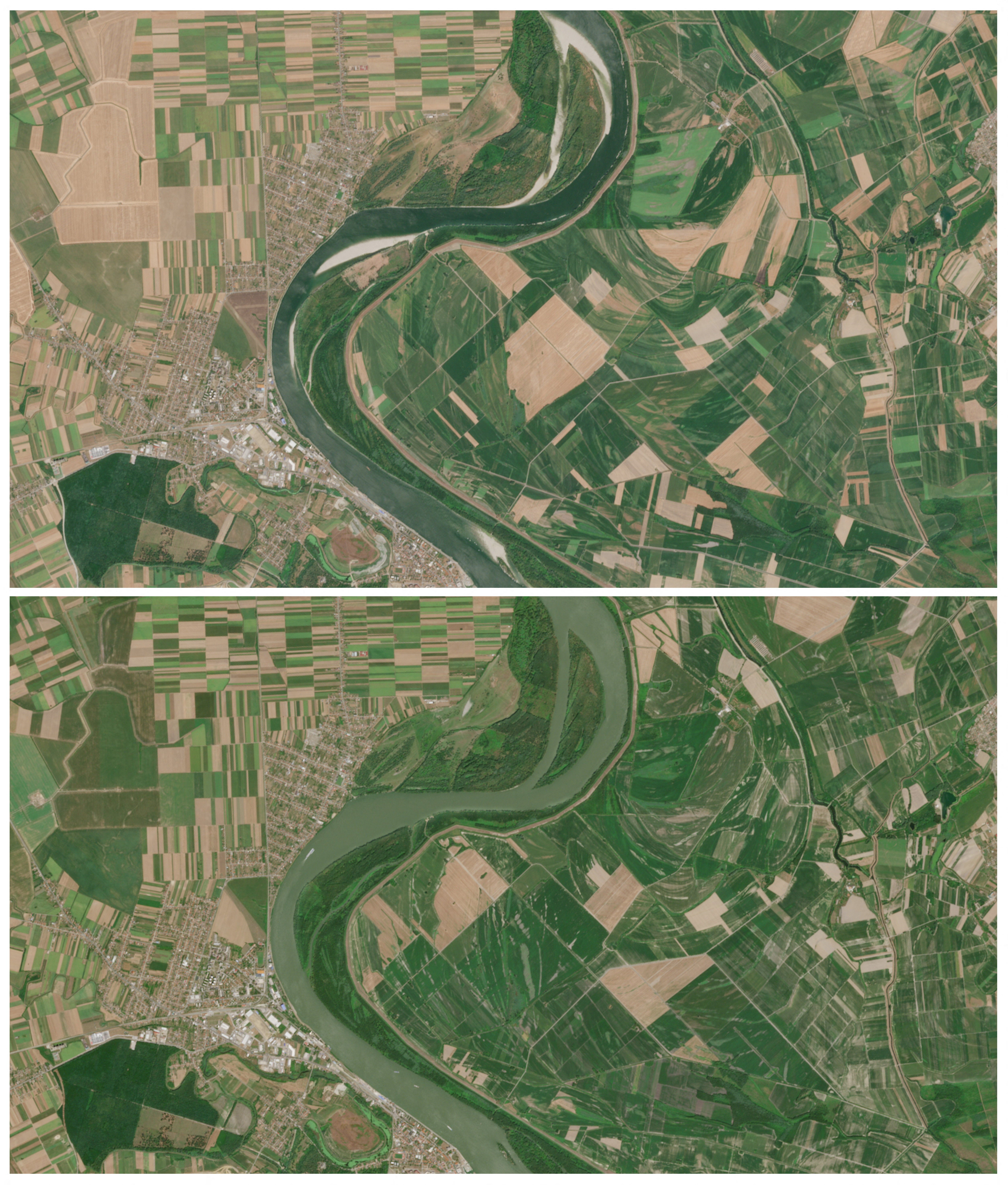 Satellite images shows reduced water levels along the sandbanks of the Danube River near Vukovar, Croatia (top) August 1, 2026, and water levels at the same location last year (bottom), August 1, 2025