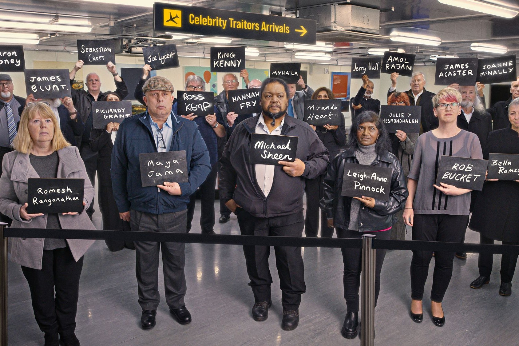 The cast of 'The Celebrity Traitors' series two – with a few spelling mistakes... (BBC)