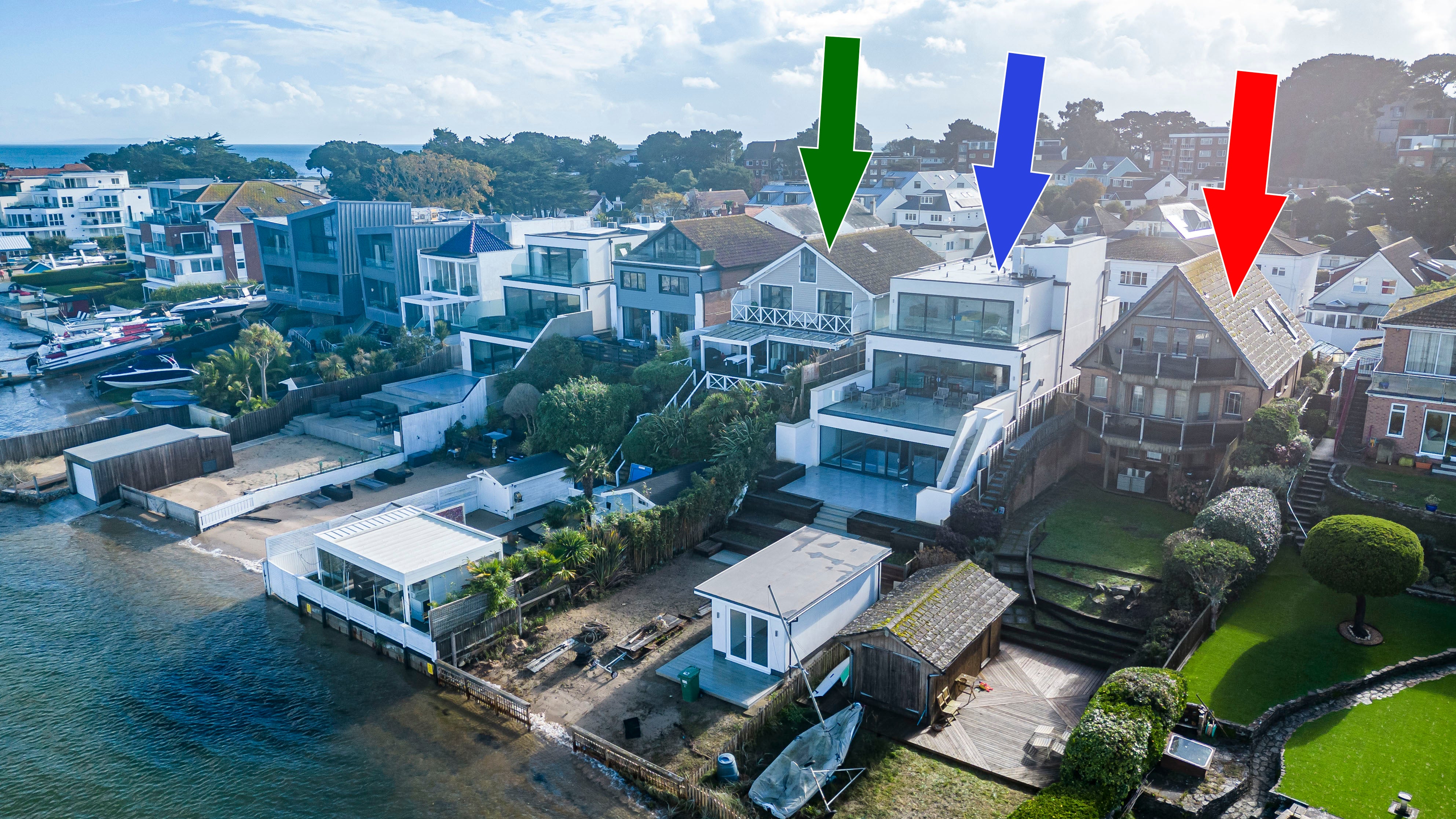 Celia Sawyer's home (green arrow), Neil Kennedy's home (blue), and Garth Weston's home (red)