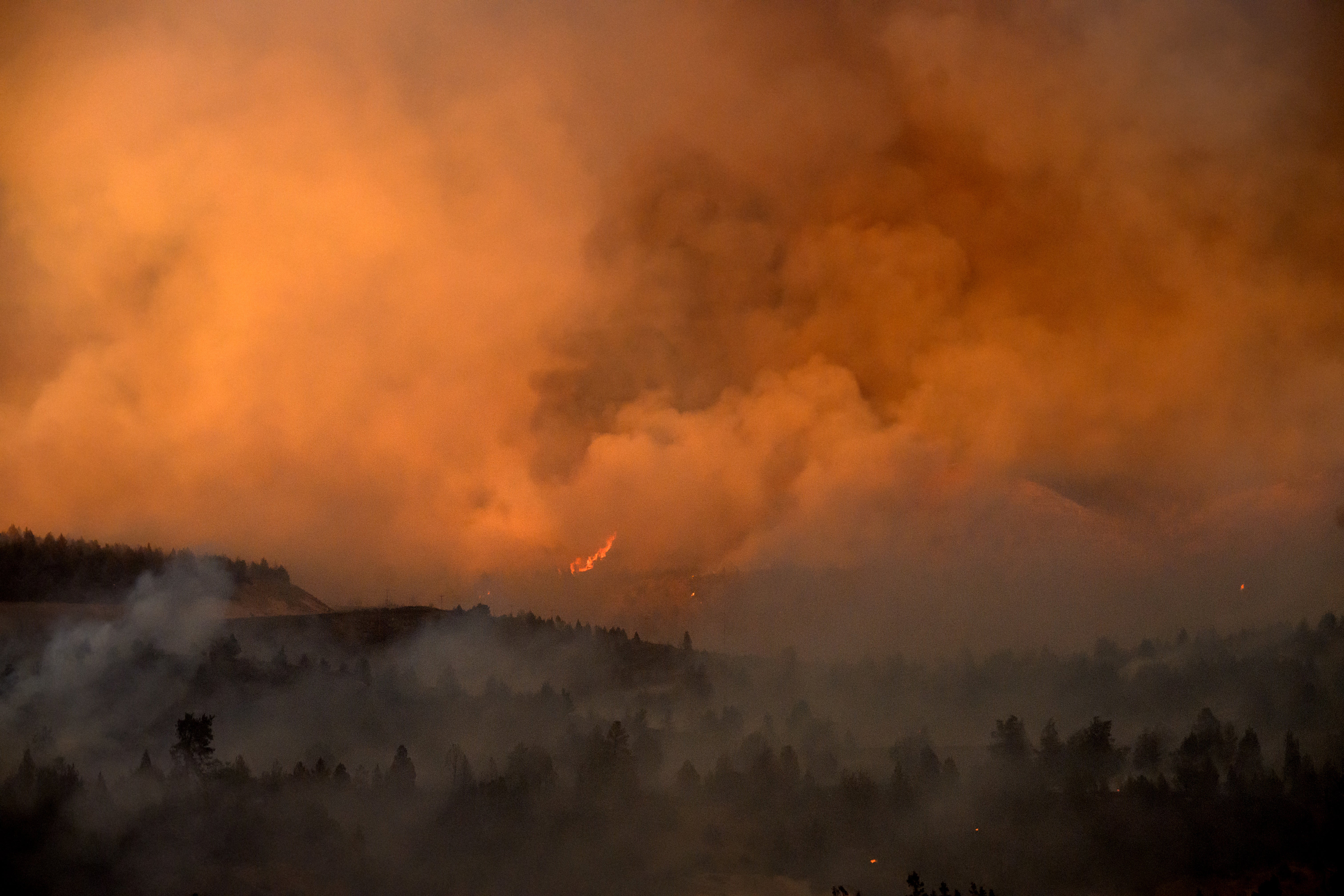 A wildfire called the Bench Fire burns above Pelton Reservoir in Jefferson County, Oregon. Dozens of wildfires are currently burning across the state (AP)