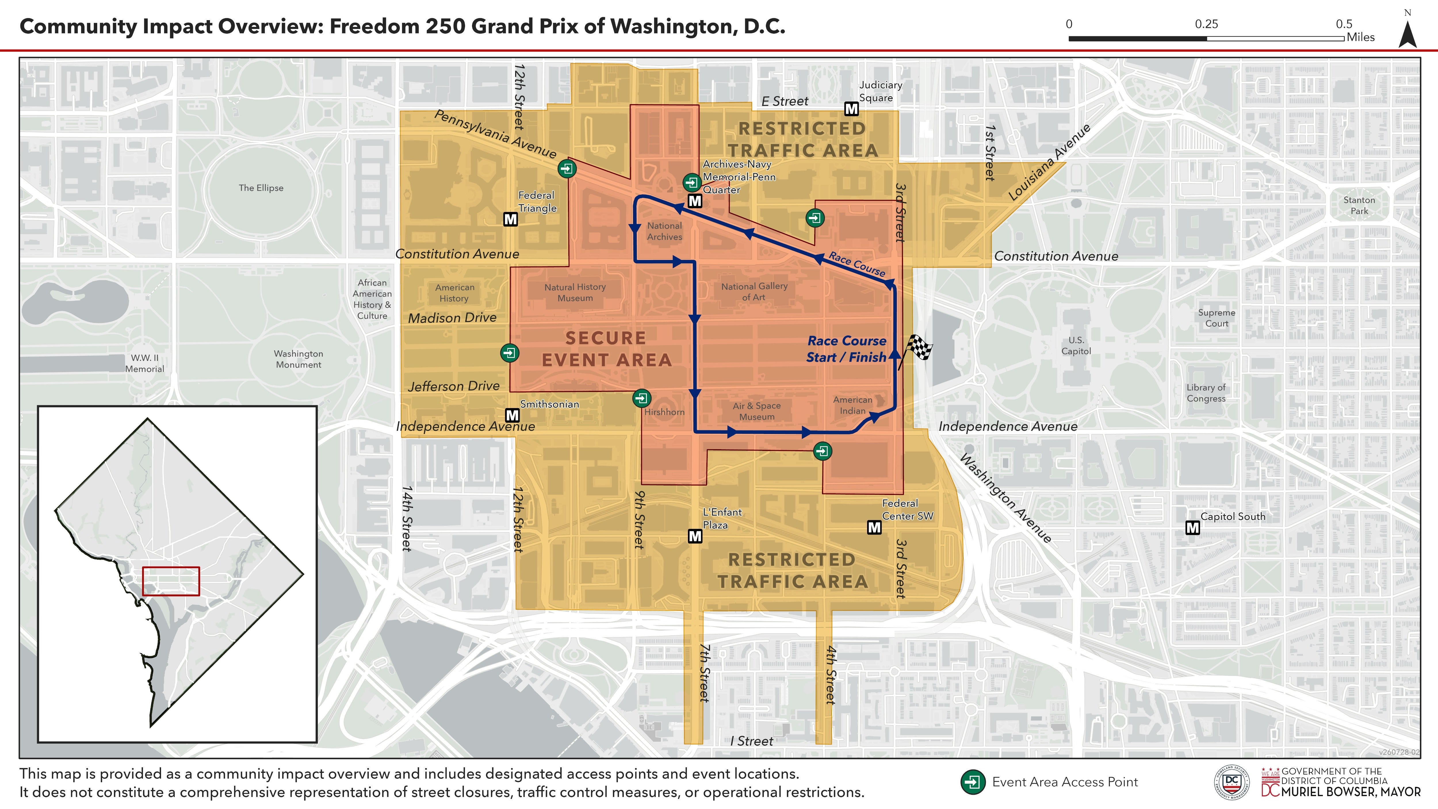 The National Gallery, which is listed on the National Register of Historic Places, sits in the middle of the 1.7-mile-long racecourse, a map released by Washington, D.C. Mayor Muriel Bowser’s office showed
