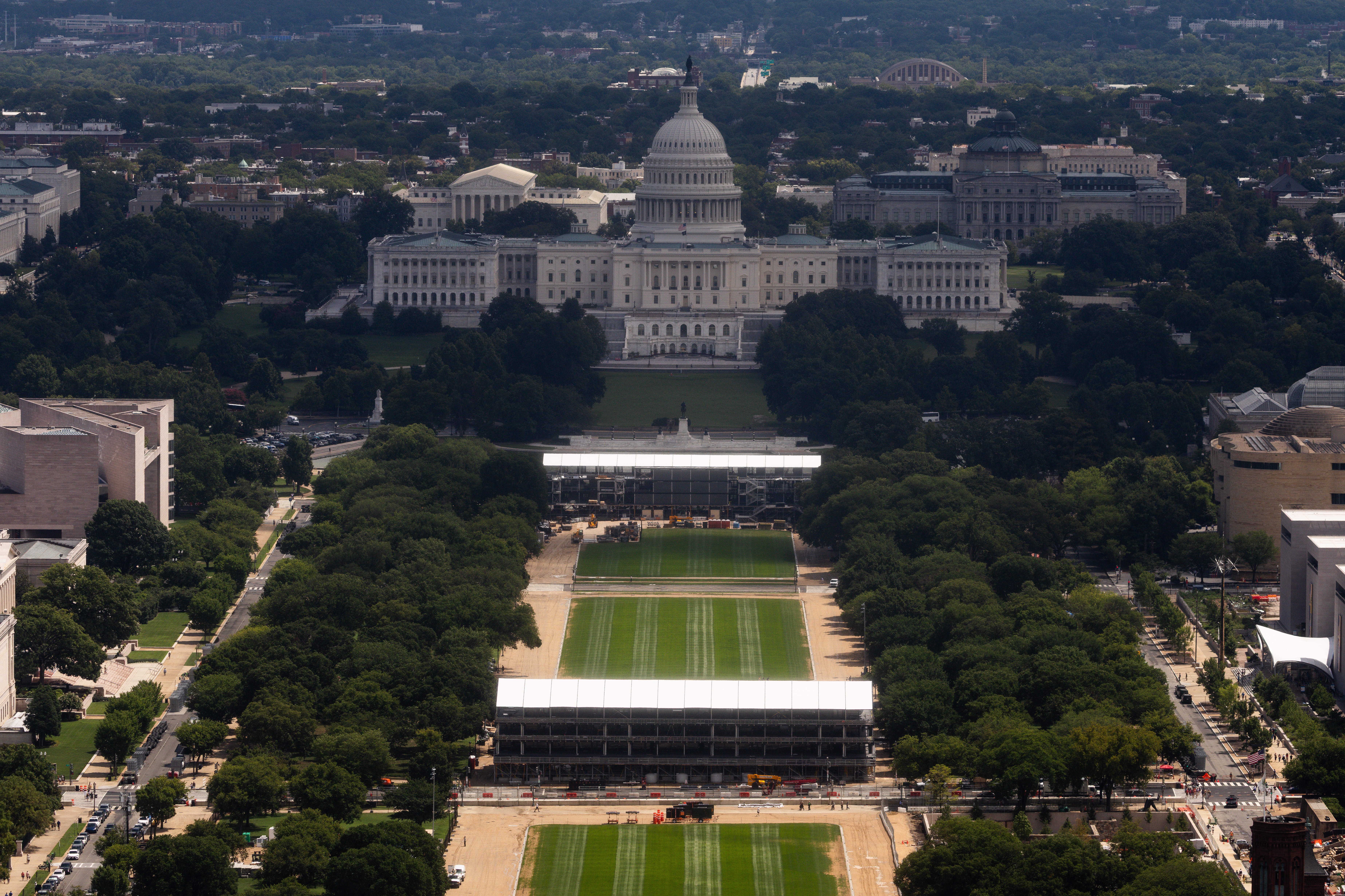 Construction for the Freedom 250 Grand Prix on the National Mall is seen from the Washington Monument
