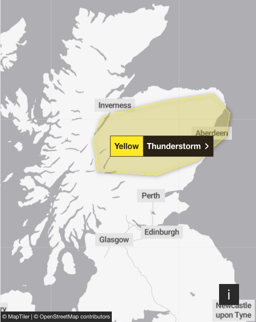 A yellow weather warning for thunderstorms has been issued for parts of Scotland from 10am on Wednesday