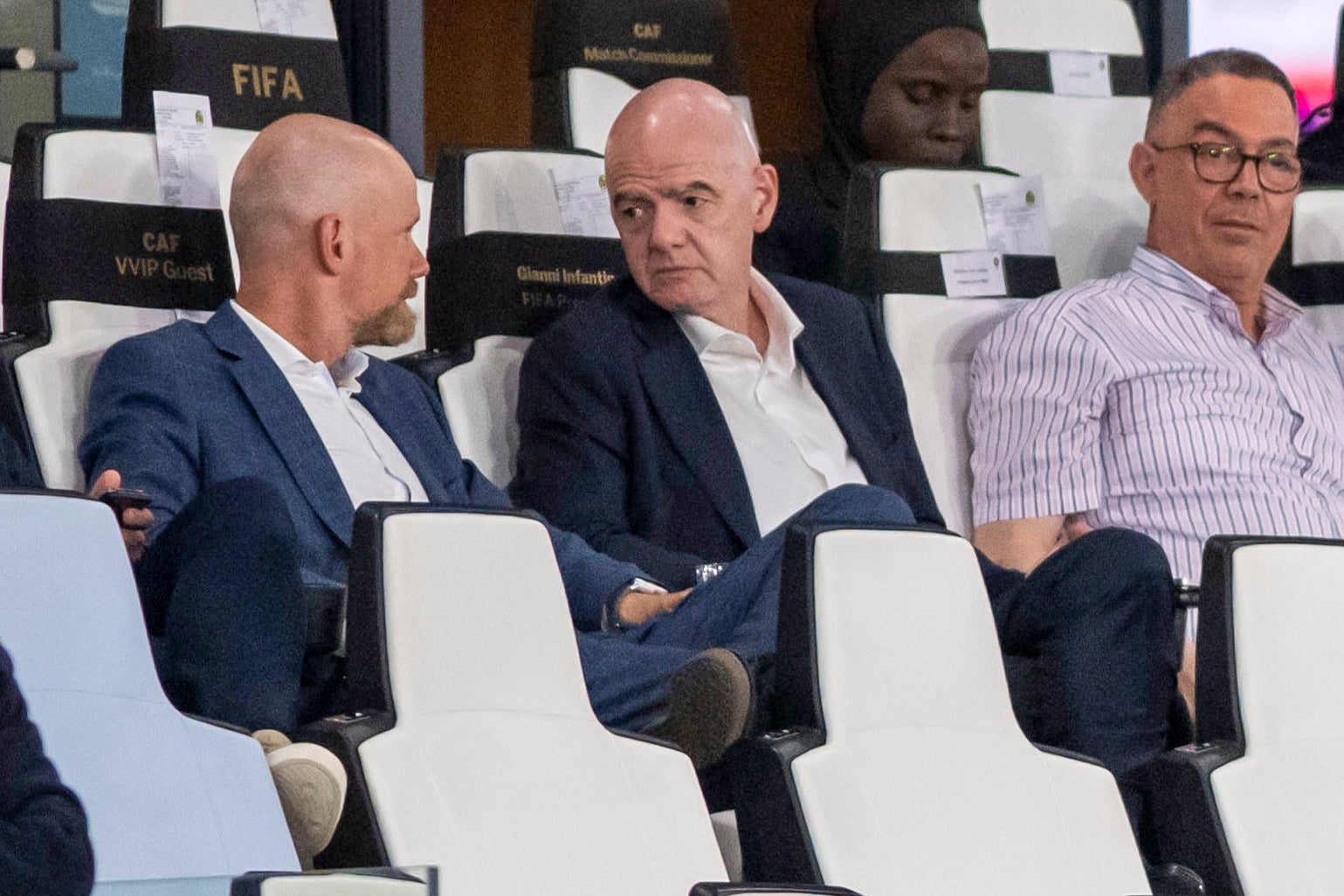 Infantino (centre) and Fifa secretary general Mattias Grafstrom (left) attended a women’s AFCON match together after the crisis meeting in Rabat (AP)
