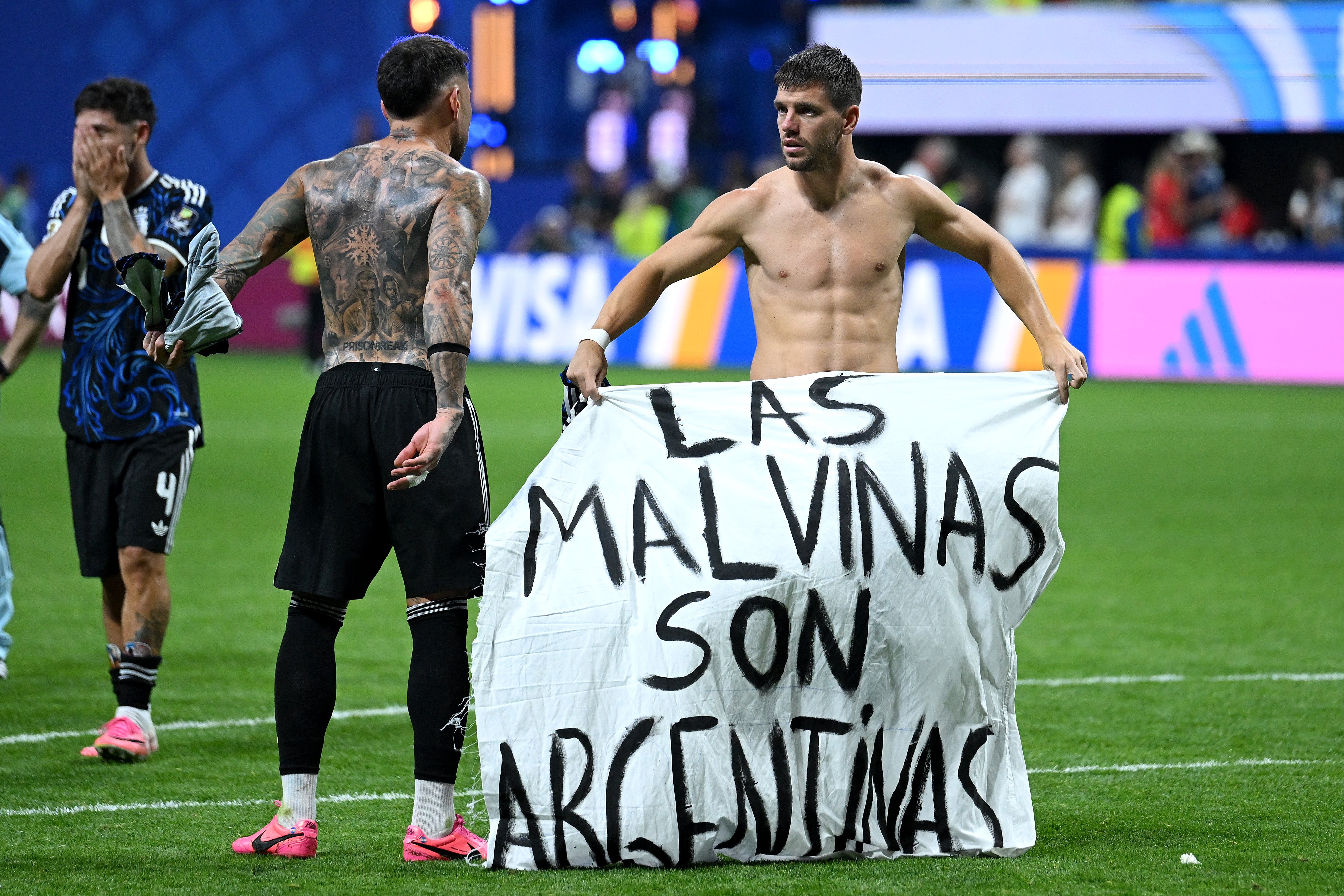 Argentina players unfurled a banner which read “Los Malvinas son Argentinas”, translated to “The Falklands are Argentine”, after the win