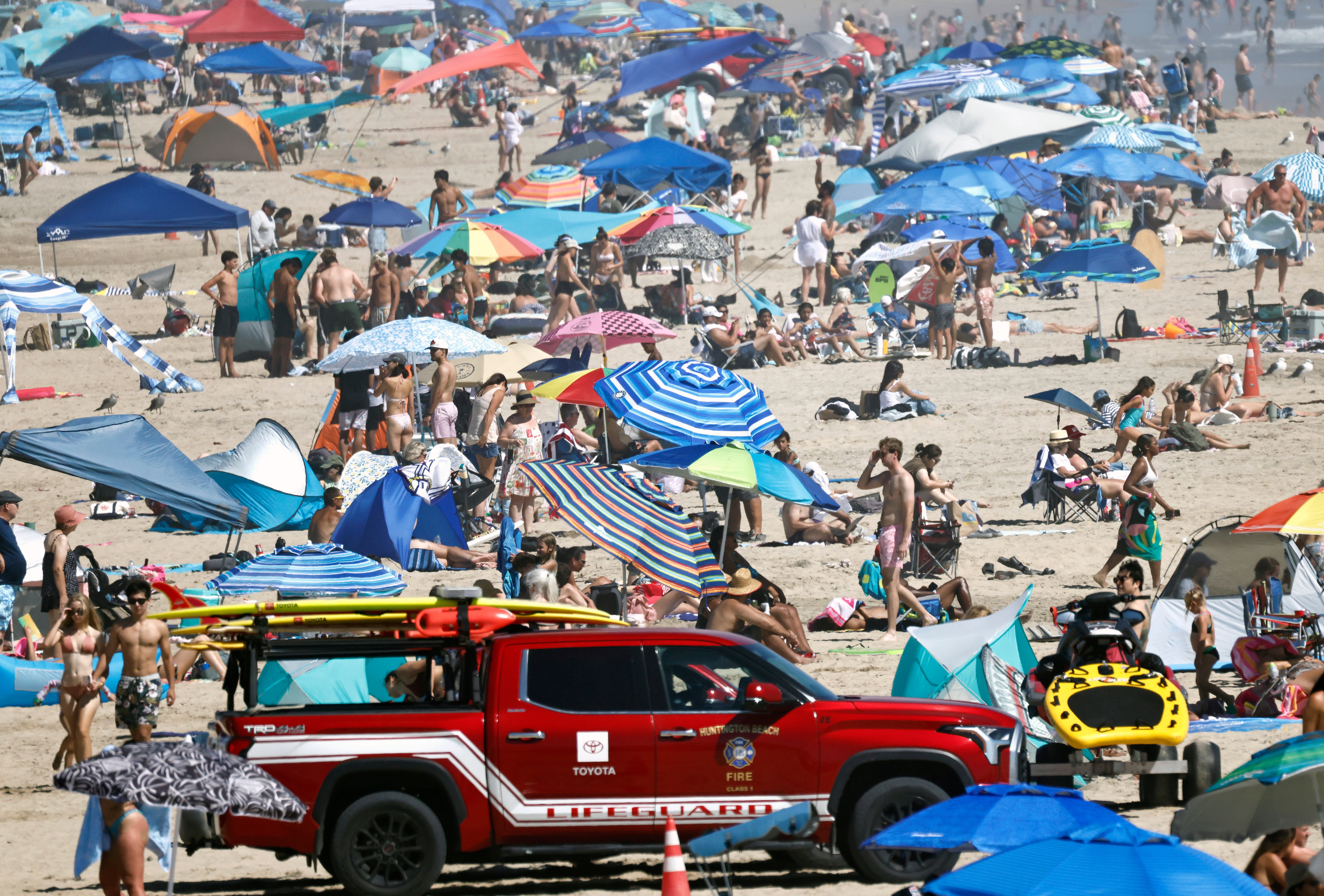 The lifeguards worked in Bolsa Chica State Beach just north of Huntington Beach, shown here