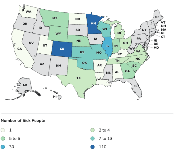 Most of the outbreak’s cases are located in Colorado and Minnesota, according to the CDC