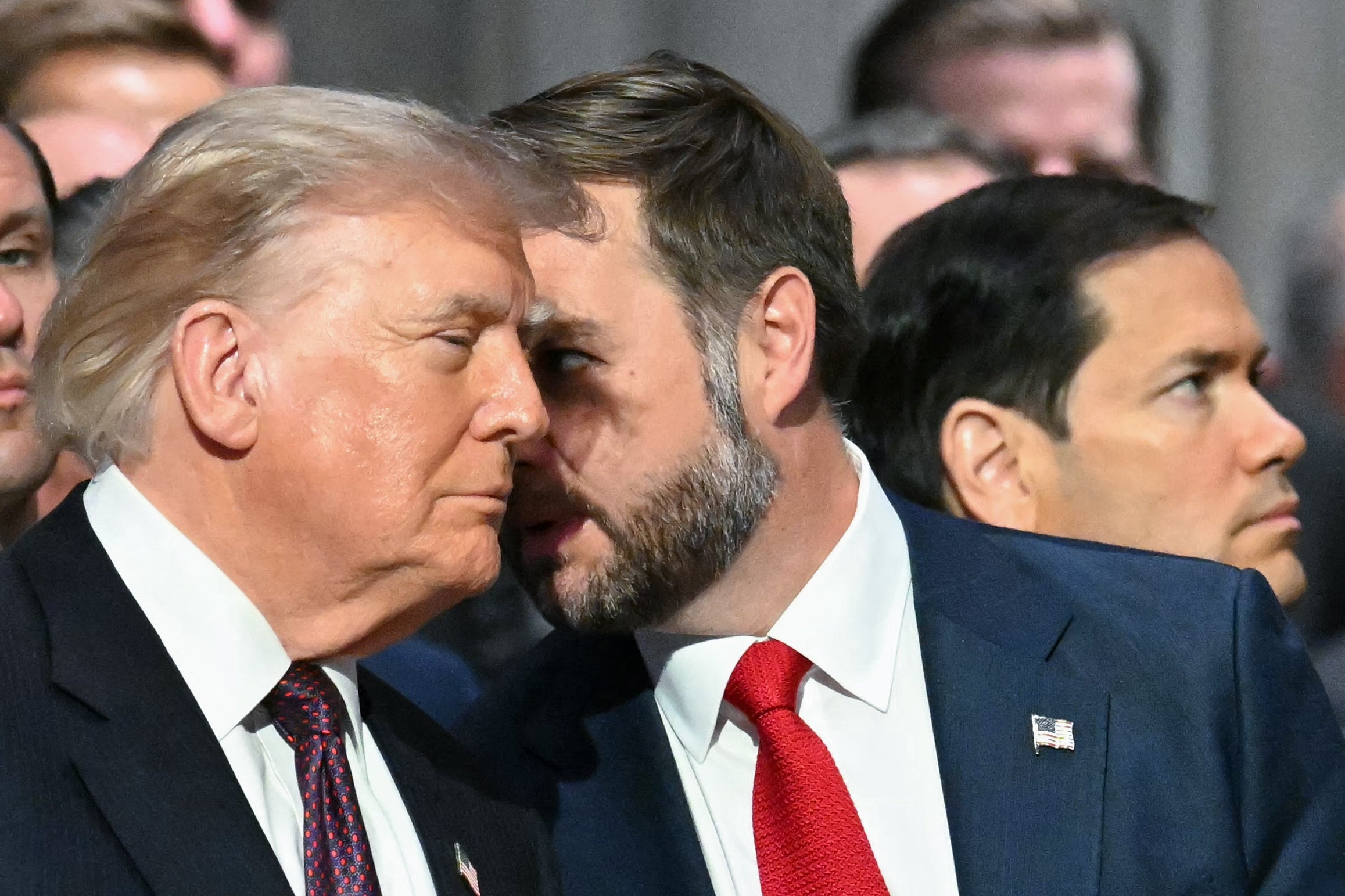 President Donald Trump speaks with Vice President JD Vance alongside Secretary of State Marco Rubio during the funeral service for US Senator Lindsey Graham. Trump has reportedly chosen his No. 2 to be the GOP nominee in 2028 over Rubio (AFP/Getty)