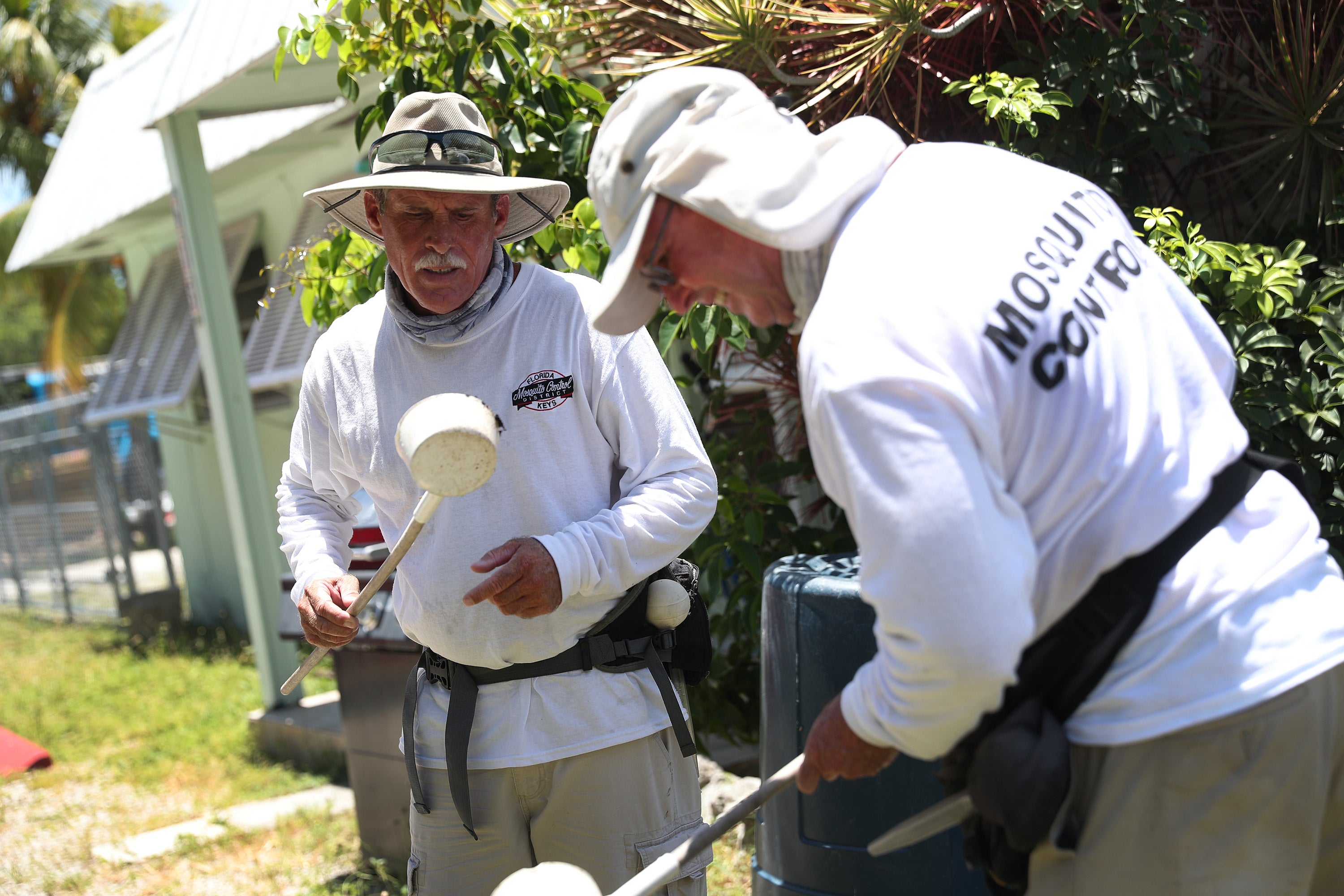 Florida mosquito control workers inspect a neighborhood for mosquitoes carrying dengue in Key Largo, Florida, in July 2020. Wearing long-sleeved clothing and long pants helps protect people from potentially dangerous mosquito bites