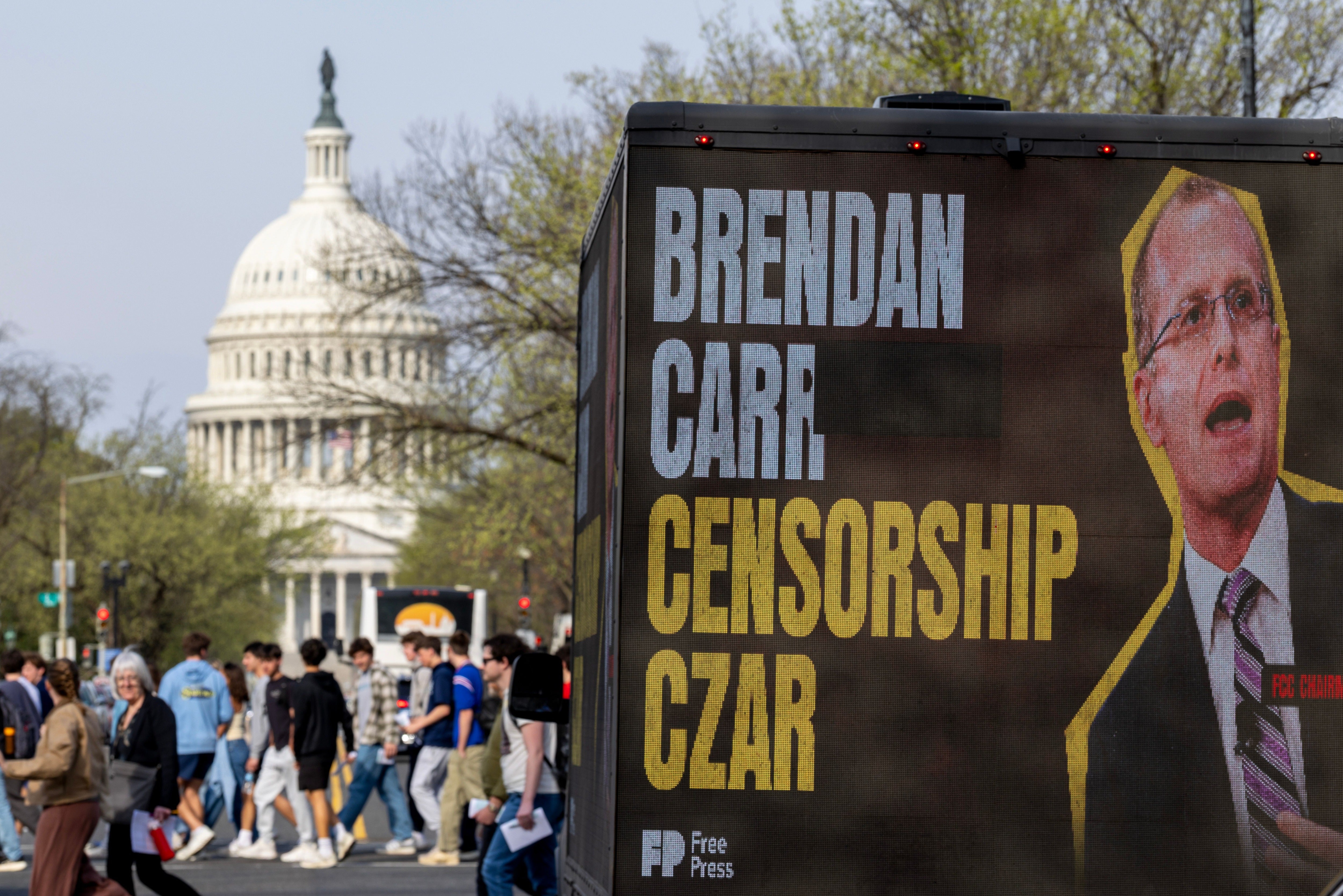 A mobile billboard truck accusing FCC Chair Brendan Carr of censorship is seen in front of the US Capitol in Washington, DC on March 26, 2026