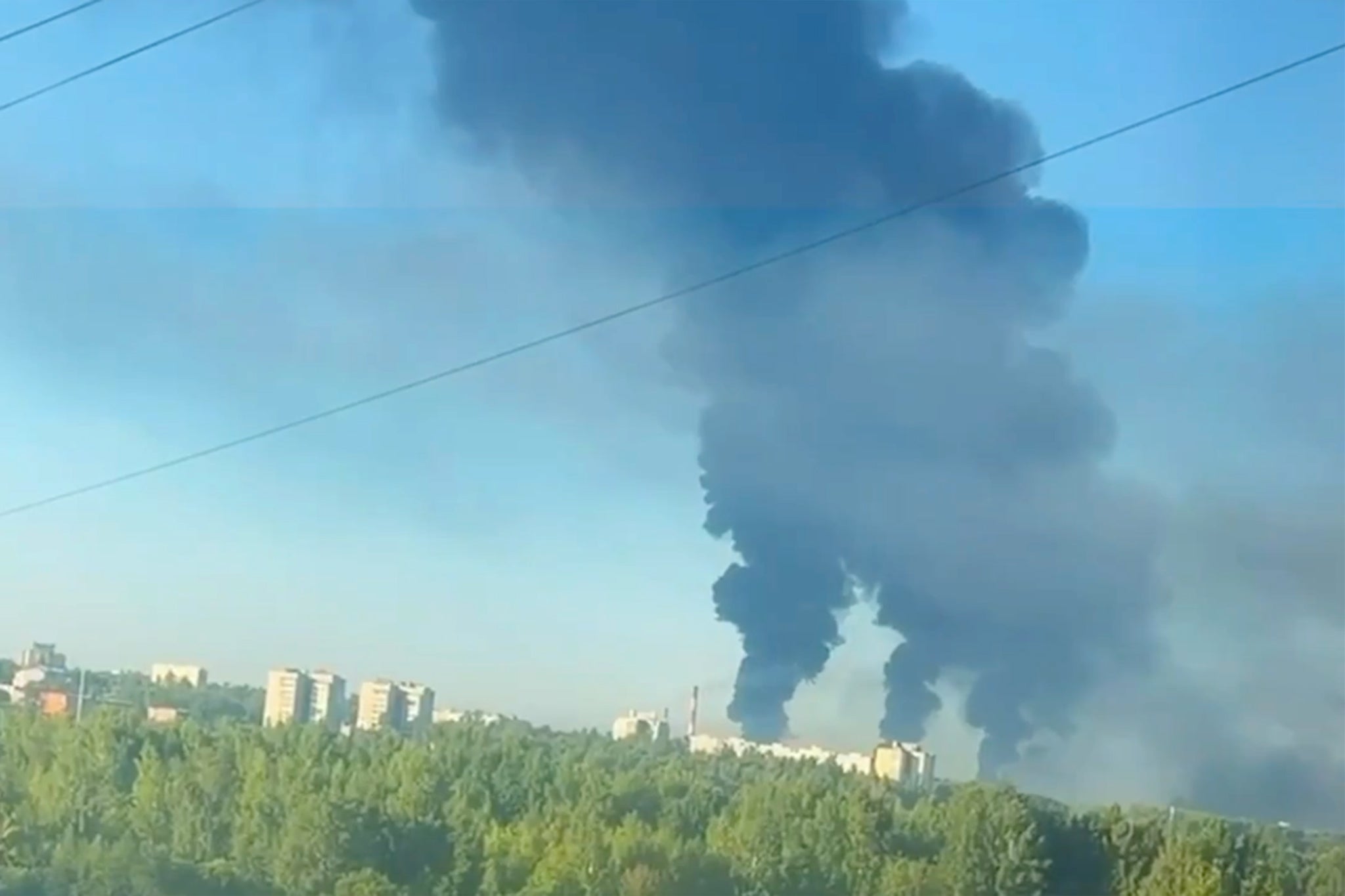 Aftermath of a Ukrainian strike on a Russian oil refinery in Yaroslavl, in a grab from video posted to X by Volodymyr Zelensky.