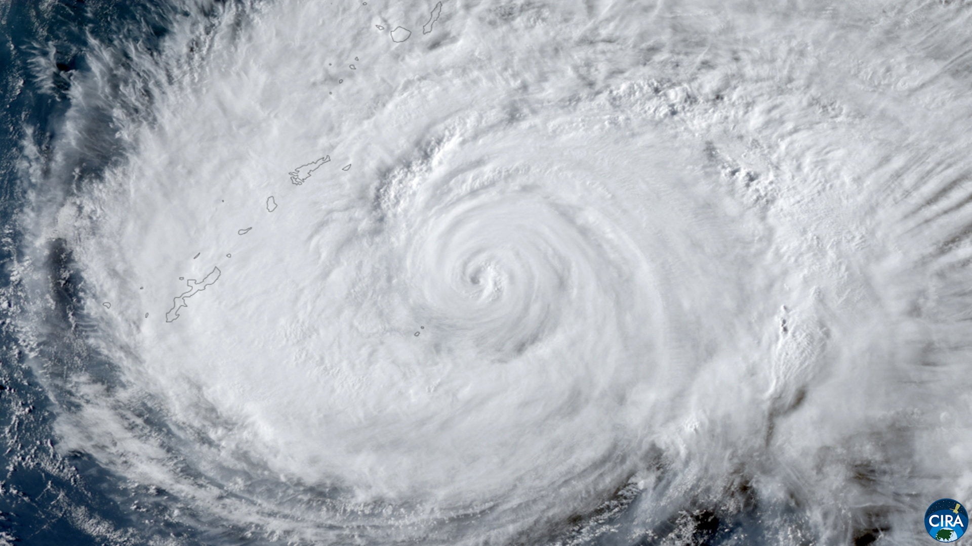 A satellite image shows Typhoon Dolphin approaching Japan's Okinawa