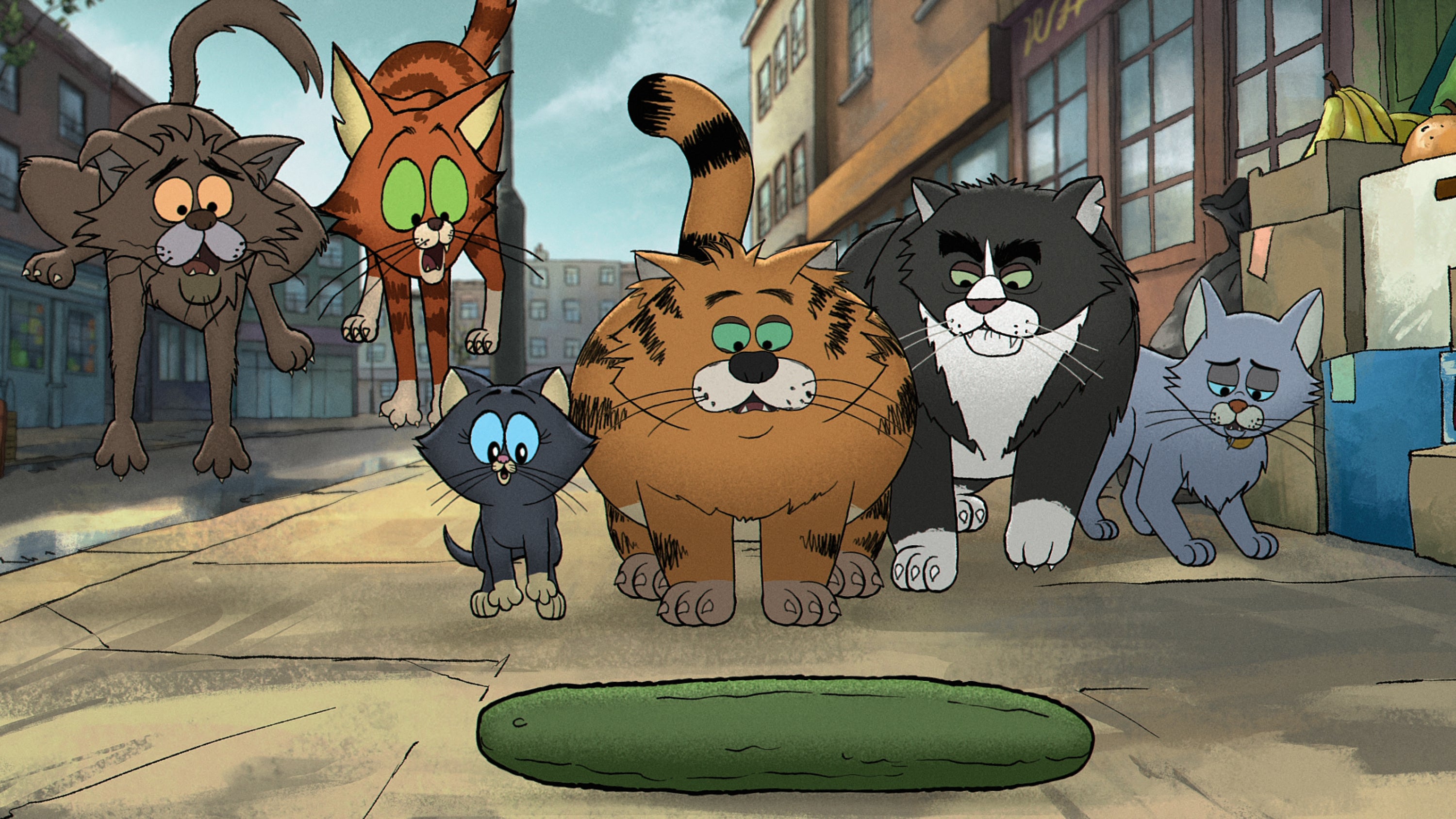 David Earl as Puke, Jo Hartley as Kitten, Diane Morgan as Olive, Ricky Gervias as Gus, Andrew Brooke as Fang, Tom Basden as Ponce in 'Alley Cats' (PA)