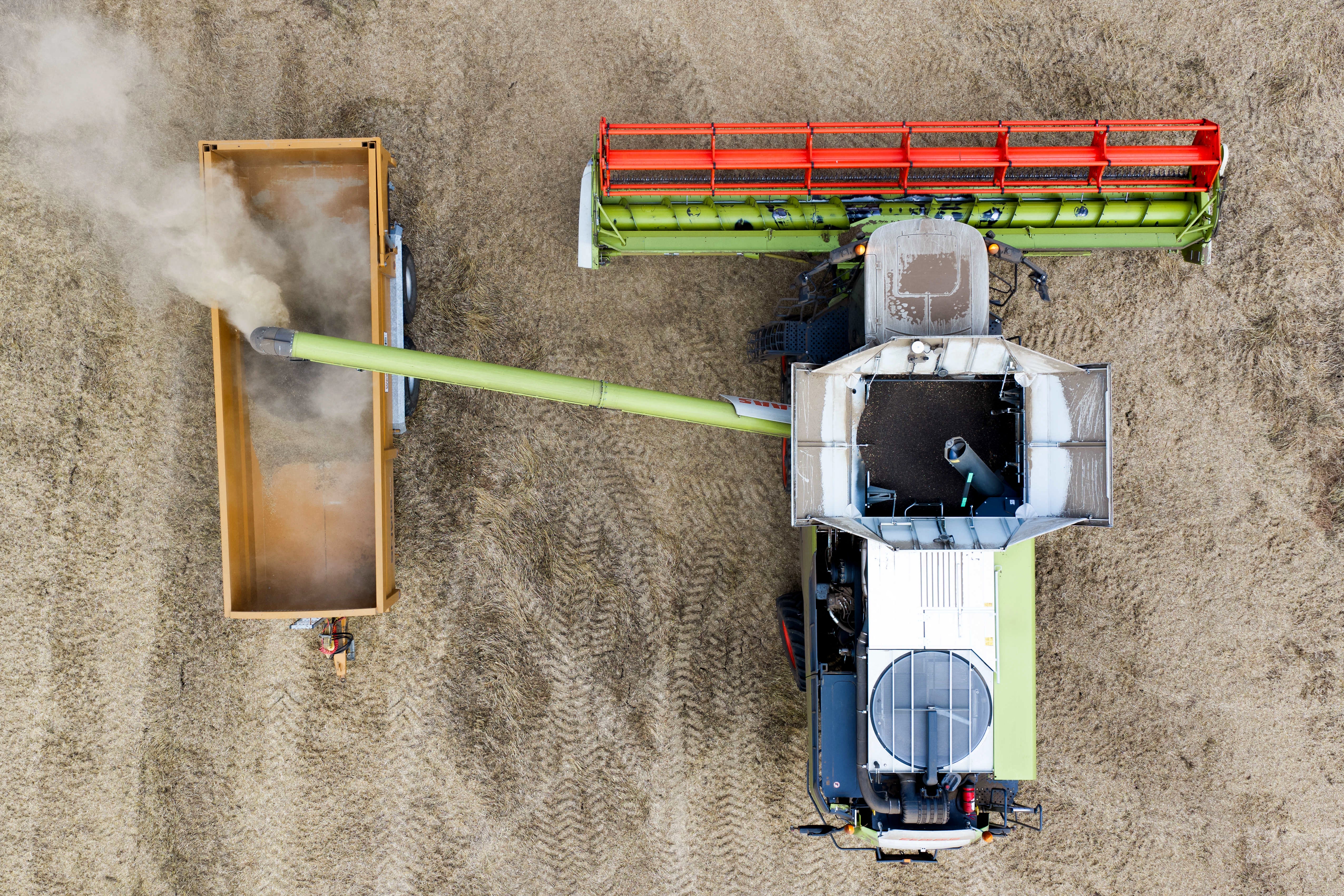 Giant dust clouds rose from a yellow-grey combine harvester as it crawled across a parched field, a sign that something was awry with UK farmer John Pawsey's land (AFP/Getty)