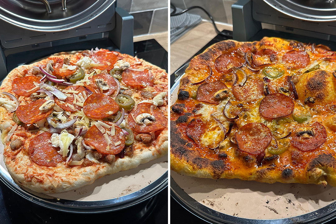 Pizzas took around seven minutes to cook in the my pizzeria (Sabrina Sahota/The Independent)