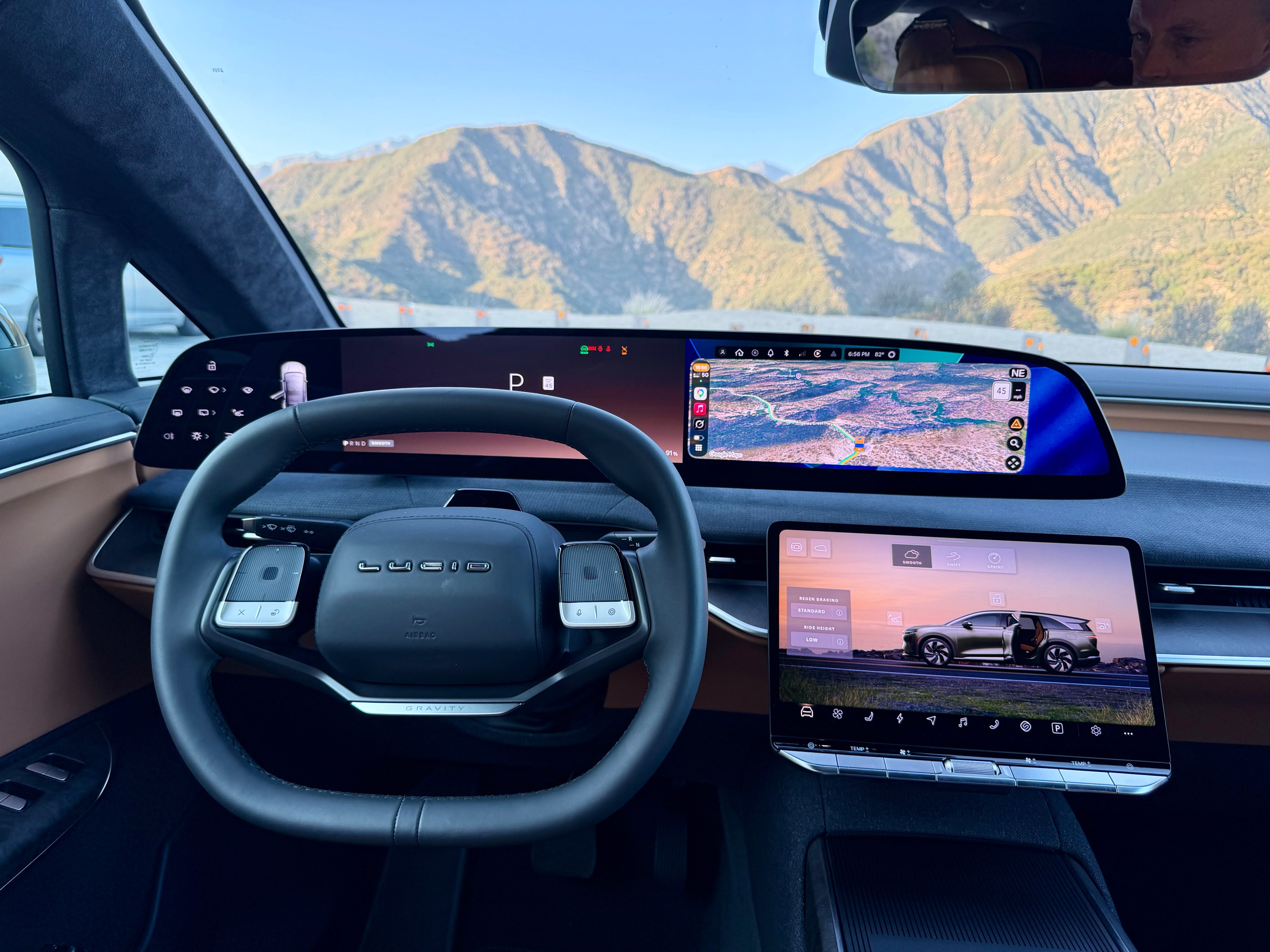 Tech highlights in the Lucid Gravity include a 34-inch curved OLED screen with a second screen below and handy fast keys, plus a Dolby Atmos-equipped 22-speaker audio system (Steve Fowler)