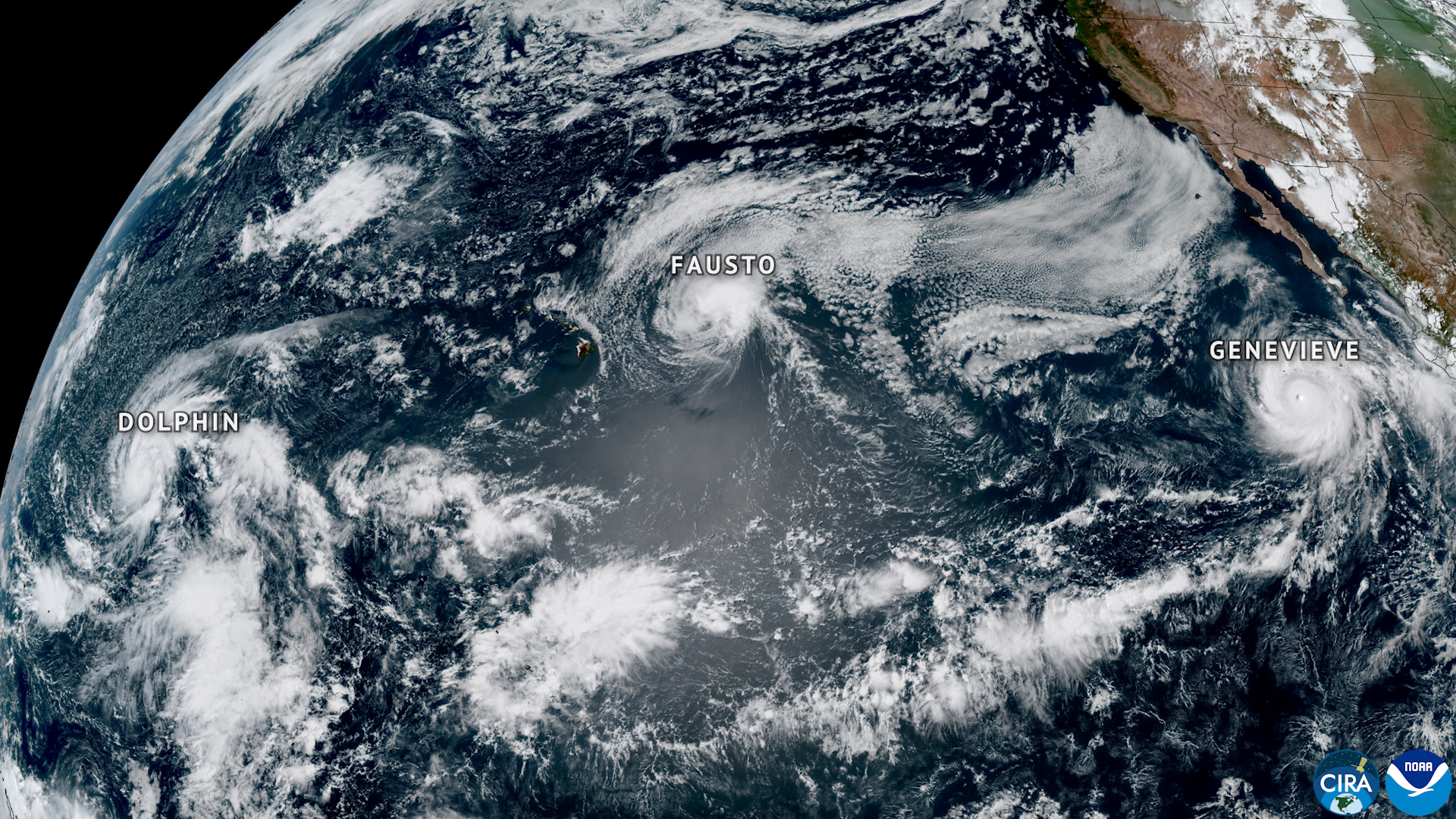 NOAA's GOES West satellite captured this image of three tropical cyclones — Hurricanes Fausto, center, and Genevieve, right, and Typhoon Dolphin — swirling simultaneously in the Pacific Ocean last month. Genevieve turned into a Category 5 storm