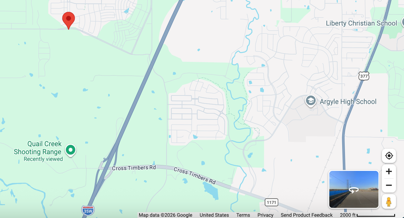 An image showing the location of Barksdale Middle School in Northlake, Texas, and Quail Creek Shooting Range approximately 1.2 miles to the south of the school. The local school district has sued the shooting range after it found two bullets in the south-facing exterior of the middle school