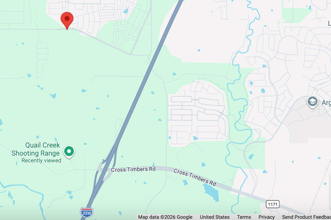 An image showing the location of Barksdale Middle School in Northlake, Texas, and Quail Creek Shooting Range approximately 1.2 miles to the south of the school. The local school district has sued the shooting range after it found two bullets in the south-facing exterior of the middle school (Google Maps)