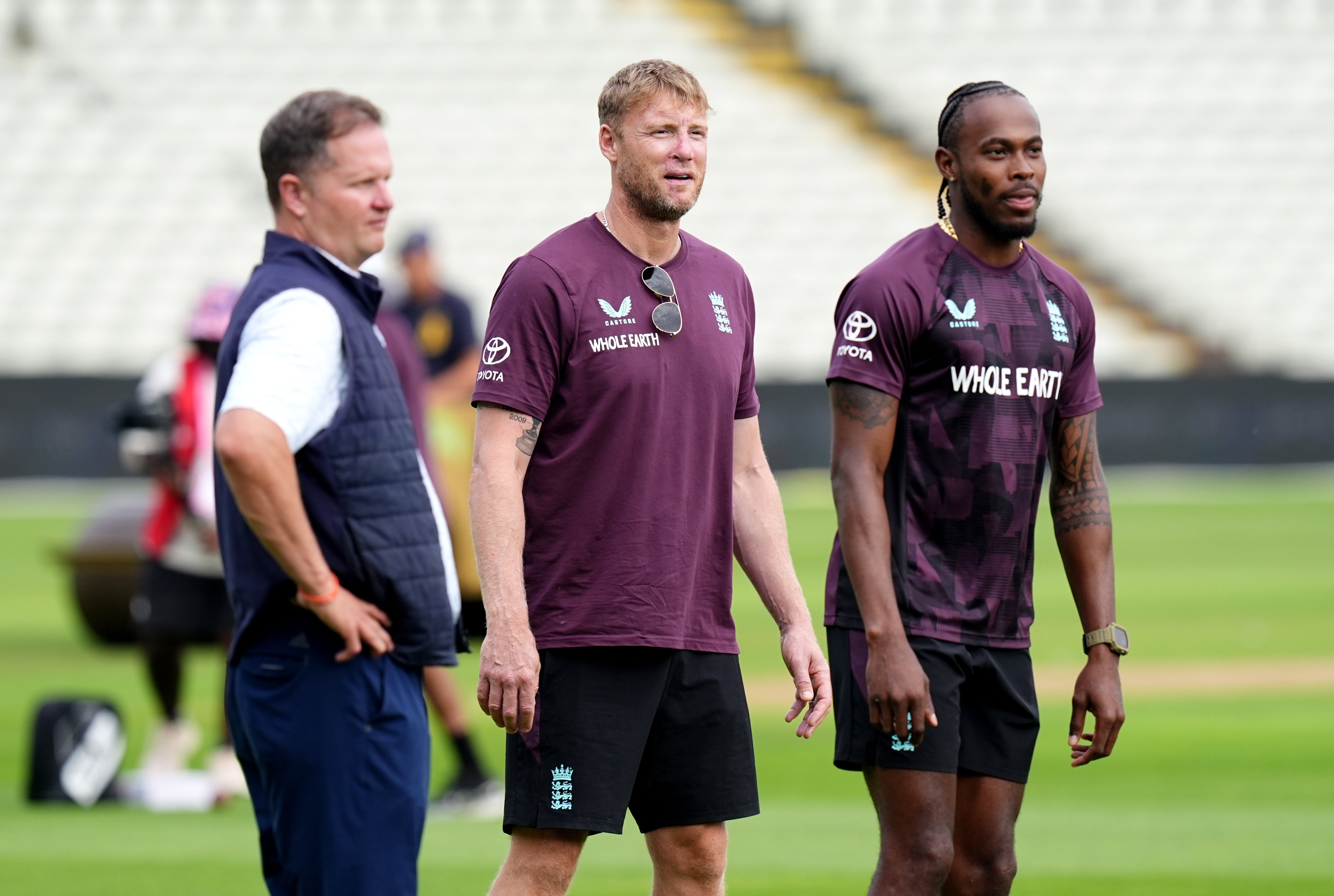 Flintoff, seen here (centre) with ECB managing director Rob Key (left) and Jofra Archer, will coach in Australia later this year (Jacob King/PA)